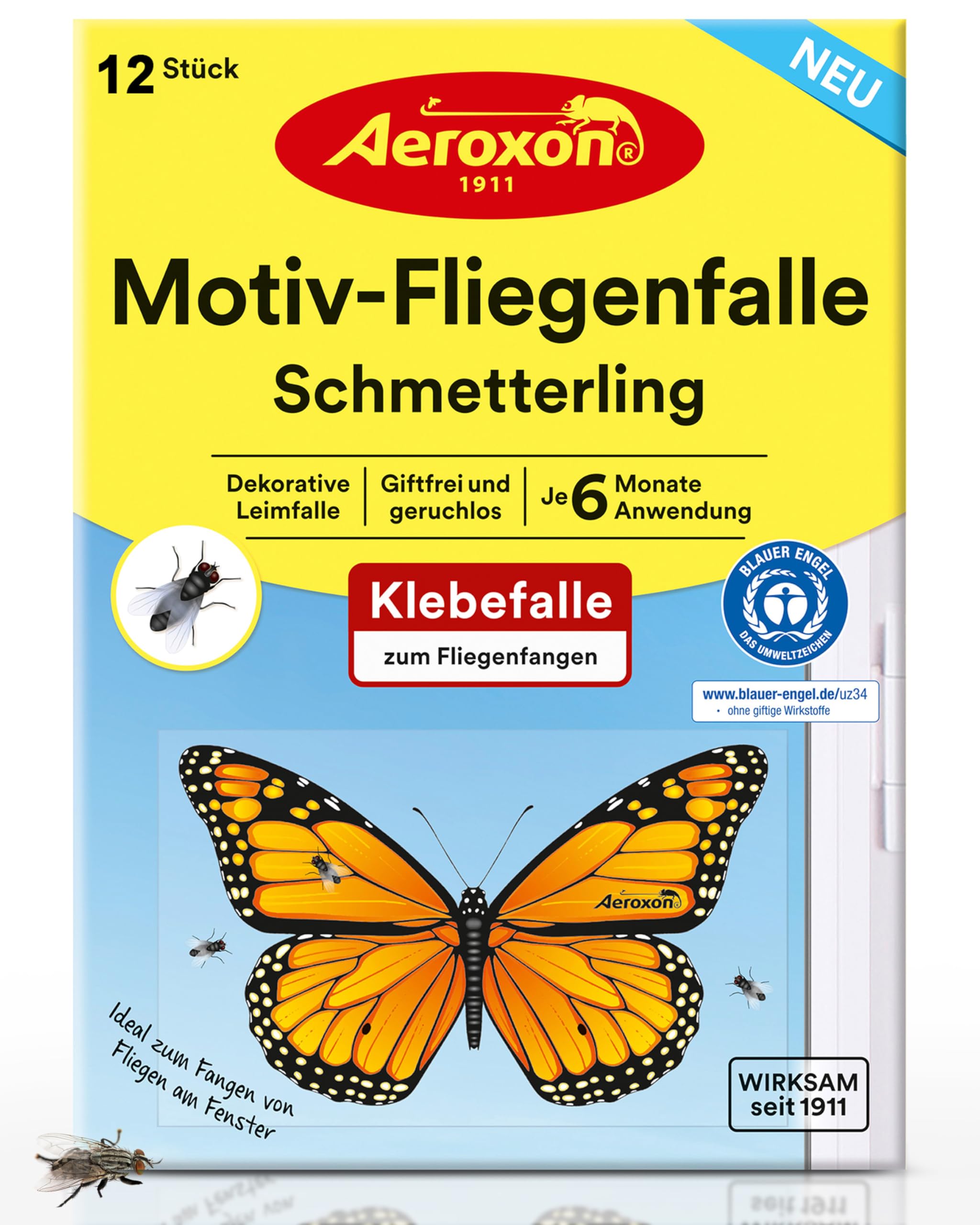 Aeroxon Fliegenfalle Innenbereich – 12x Fliegenfänger für Fenster, Effektive Fliegenfalle mit Schmetterlingsdesign