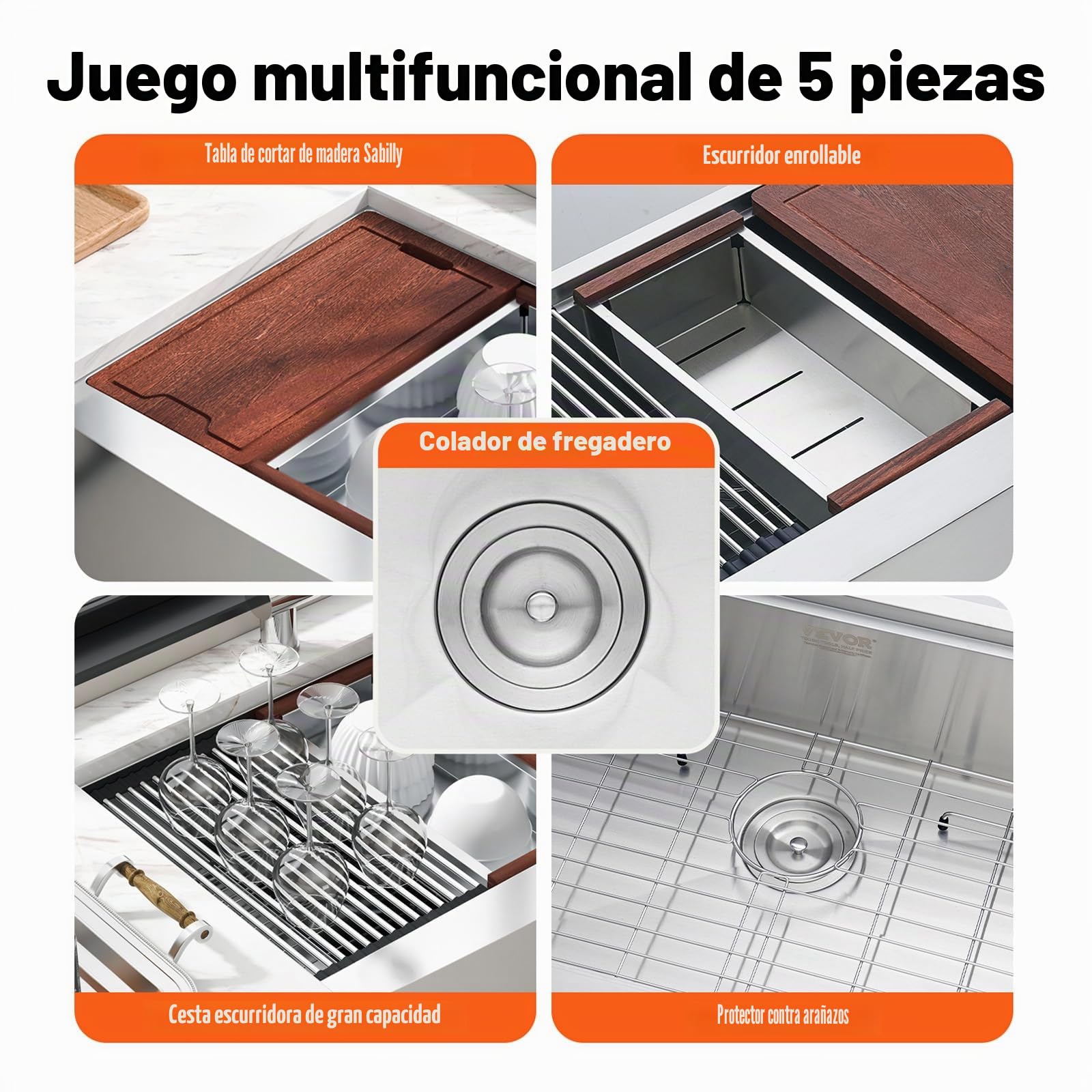 VEVOR Fregadero de Cocina Fregadero de Acero Inoxidable 304 Bajo Encimera de un Solo Seno con Tabla de Cortar Filtro Escurridor Drenaje Rápido para Preparación de Cocina Casera, 84 x 56 x 23 cm