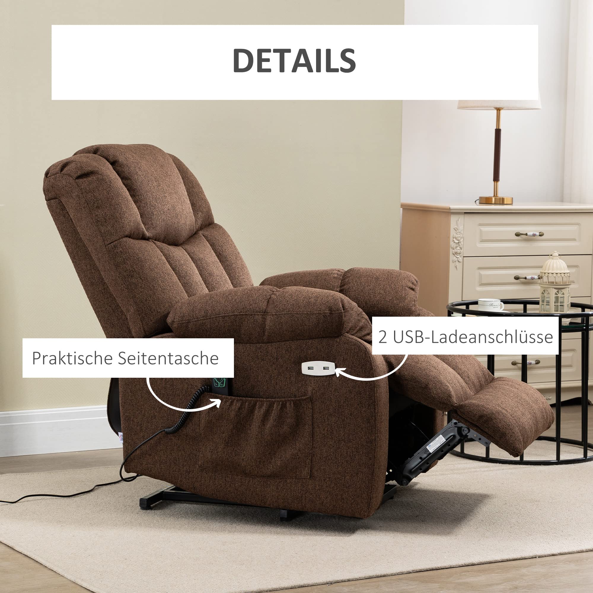 HOMCOM Fernsehsessel mit Aufstehhilfe Elektrisch Verstellbar, Relaxsessel mit Liegefunktion, TV-Sessel mit Fernbedienung, 2 Seitentaschen und Fußteil, USB-Anschluss Braun