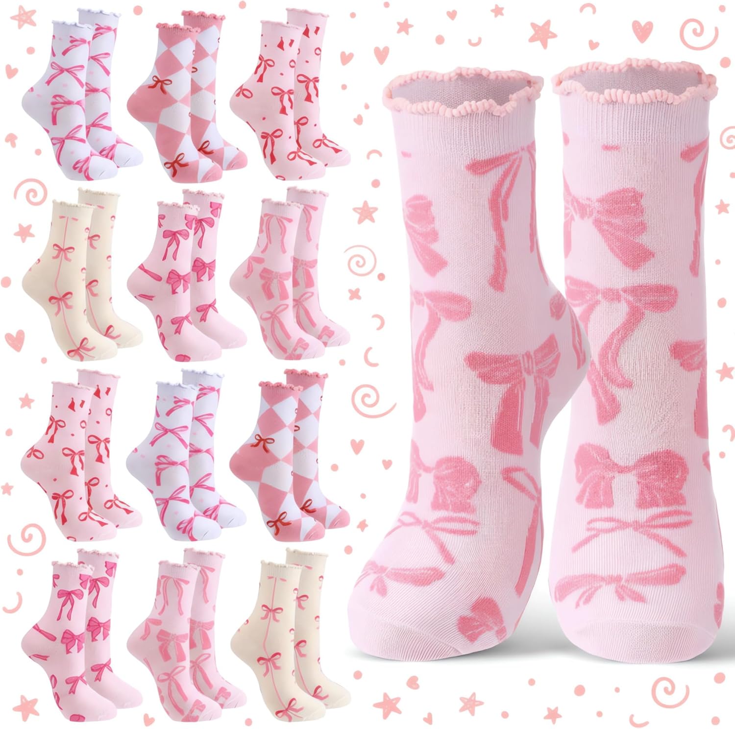 Jadive Valentine's Day Coquette Pink Bow Socks Pink Bow Women's Inspired Socks Ornament for Birthday Decor Gift