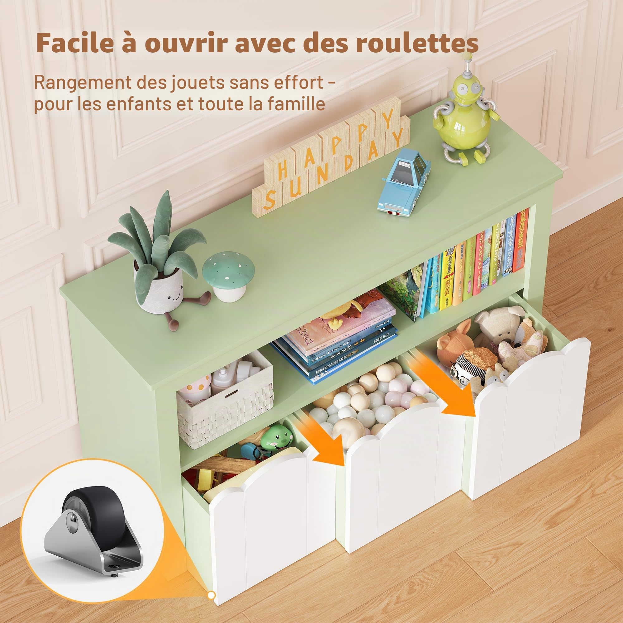 YOUDENOVA Étagère pour enfant, meuble de chambre d'enfant, avec 3 boîtes, rangement de jouets sur roulettes, 102,2 x 33 x 61,5 cm, rangement de chambre d'enfant pour livres d'images, livres d'histoire