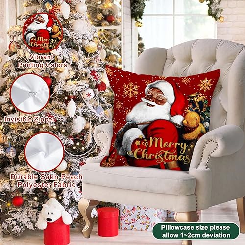Miniatura 6 de Lanpn Juego de 4 fundas de almohada navideñas de Papá Noel negro de 24 x 24 pulgadas, funda de cojín decorativa de Navidad negra afroamericana de 24