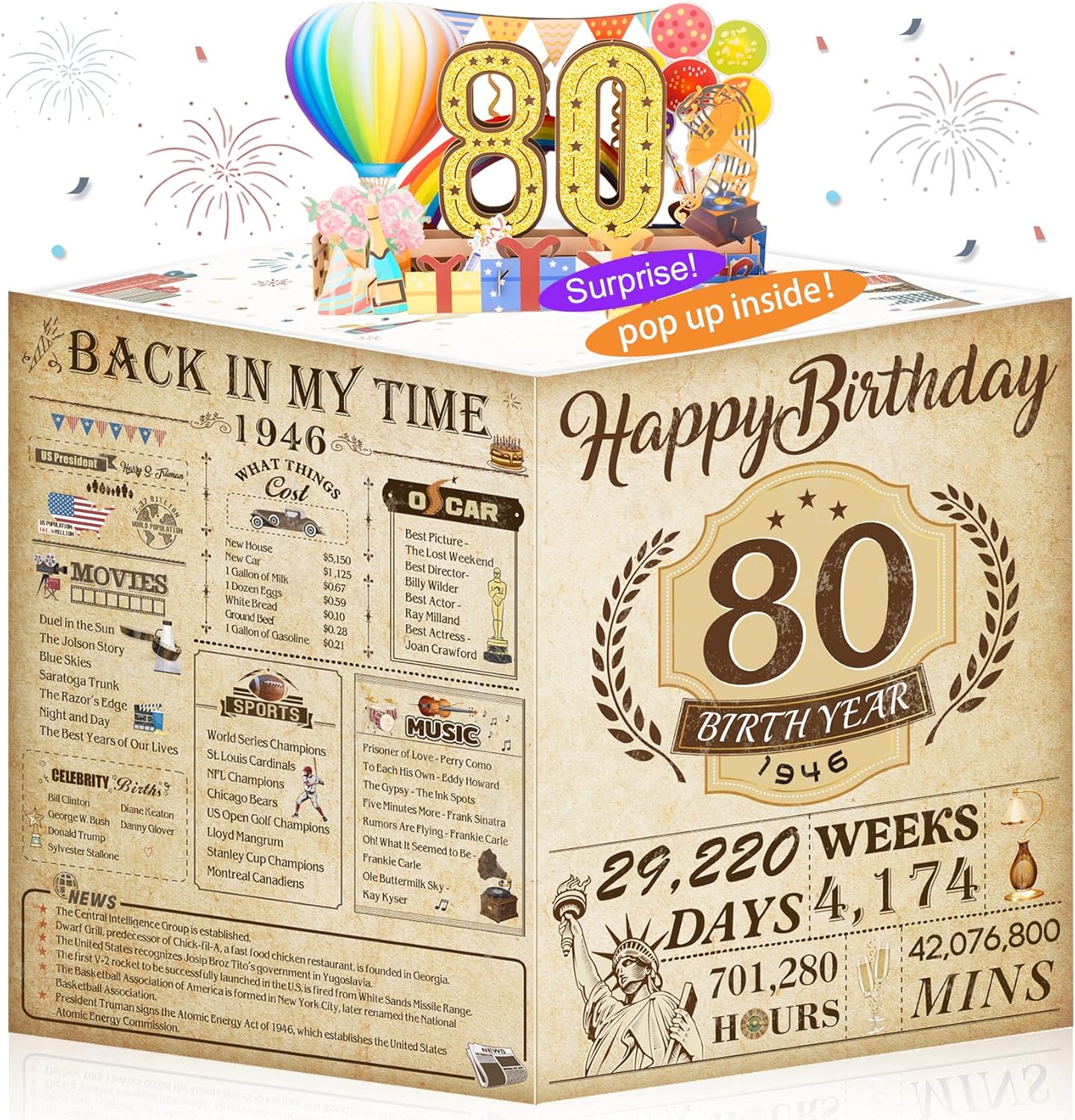 80th Birthday Card for Men Women, Funny 3D Pop Up 80th Birthday Gifts for Grandma Mom Dad, Back In 1946 Happy 80 Year Old Birthday Decorations Cards for Her Him, Classy Vintage