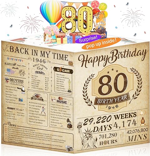 80th Birthday Card for Men Women, Funny 3D Pop Up 80th Birthday Gifts for Grandma Mom Dad, Back In 1946 Happy 80 Year Old Birthday Decorations Cards for Her Him, Classy Vintage