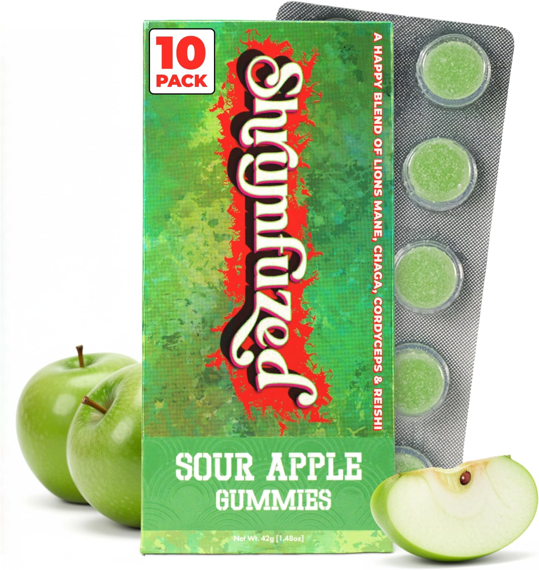 Shrumfuzed Mushroom Gummies | Nootropic Mushroom Supplement with Lion's Mane, Reishi, Cordyceps & Chaga | 10 Count, Sour Apple
