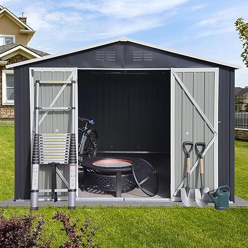 Miniatura 4 de EMKK Cobertizo de almacenamiento para exteriores de 10 x 8 pies, kit de cobertizos de jardín de metal de acero galvanizado con puerta doble con