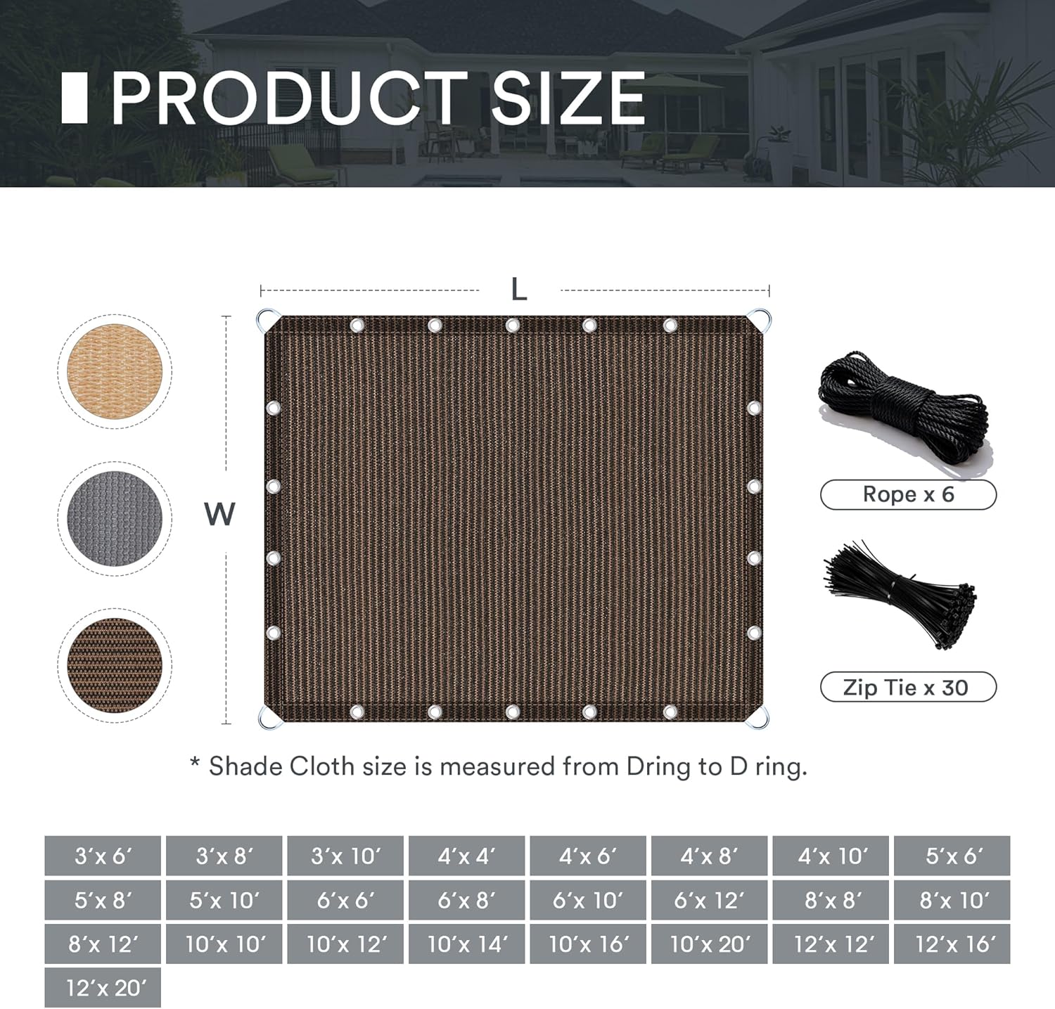 DIFY 8X12 FT Shade Fabric Sun Shade Cloth, Outdoor Shade Cover Privacy Screen with Grommets & D-Ring for Patio Garden Pergola, Mocha