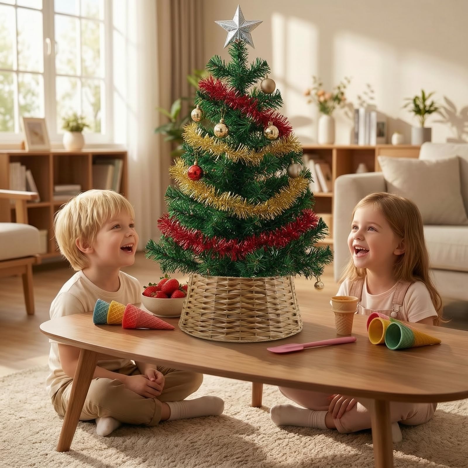 Copri Base Albero di Natale con Motivo Intrecciato da 40 Cm a 53 Cm Alto 26 Cm per Supporto Metallico Cavi in Soggiorno Camera da Letto