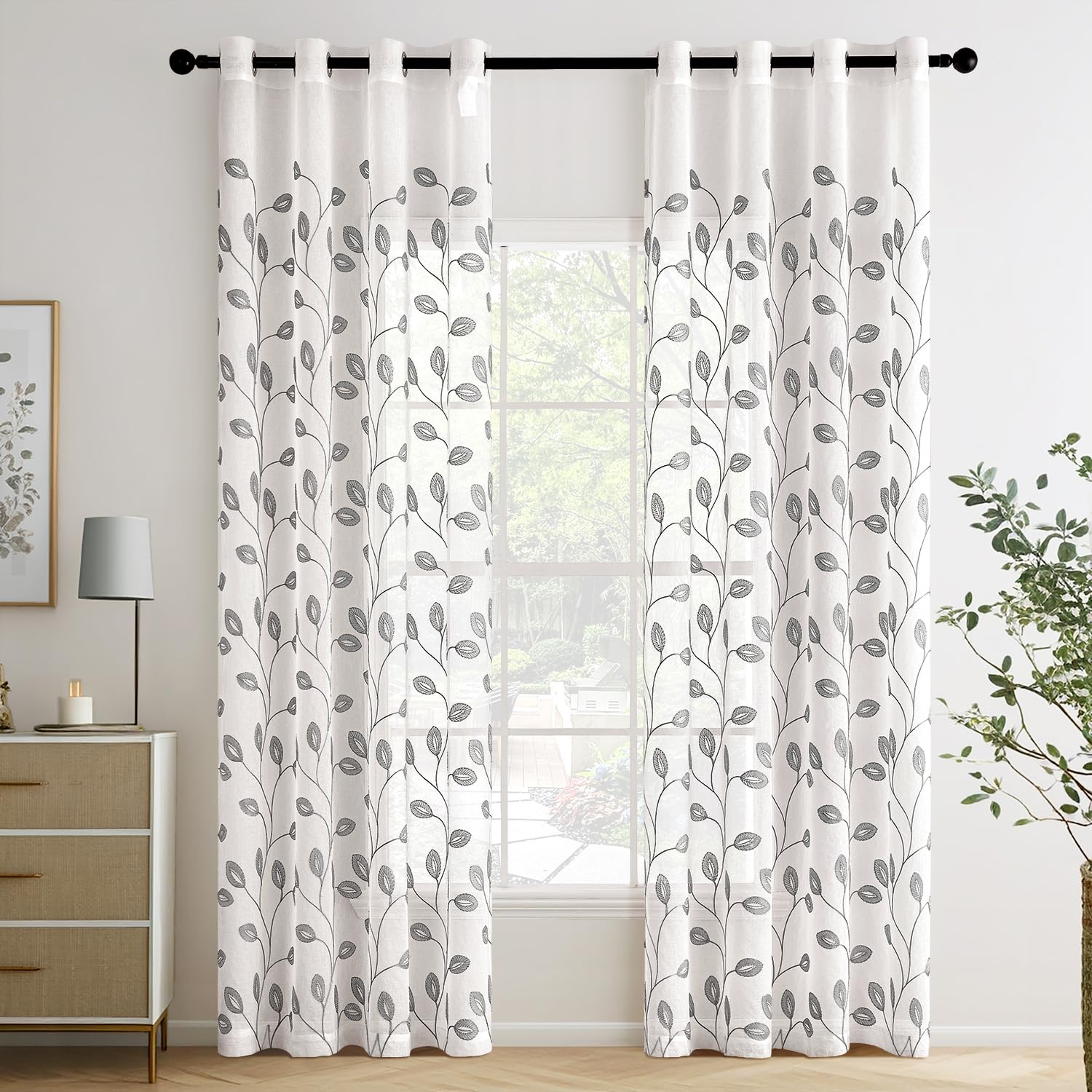 MIULEE Cortinas Salon Modernas con Bordado de Hojas 2 Piezas, Lindas Cortinas Visillos Dormitorio Matrimonio con Ojales, Cortinas Translucidas Salón con Hojas Motivos 140x245 Gris Claro