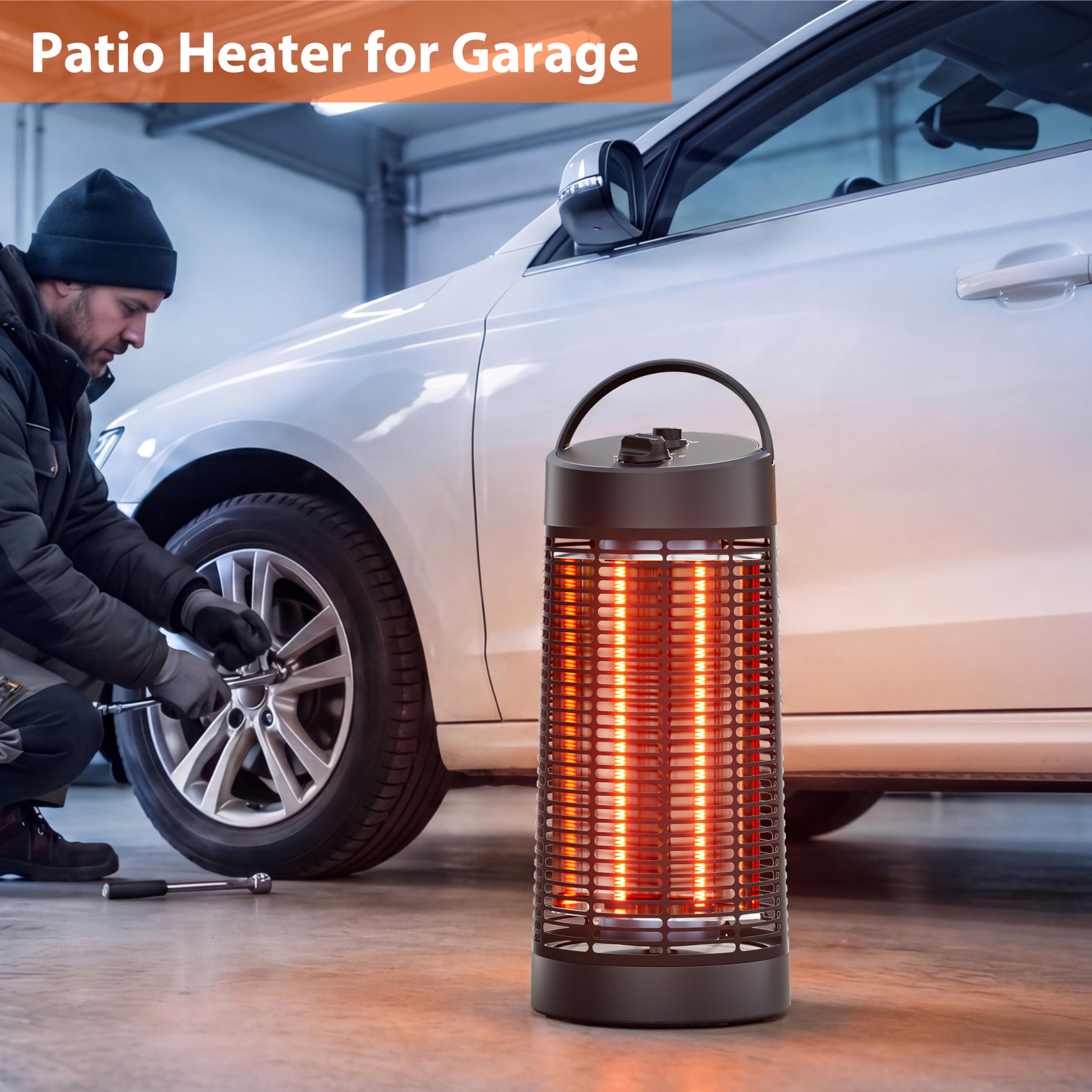 Zewnętrzny elektryczny podgrzewacz do patio, przenośny promiennik podczerwieni z regulacją 600 W/1200 W, ochrona Tip-Over Protection, 1s ogrzewanie z włókna węglowego do podwórka, garażu, czarny