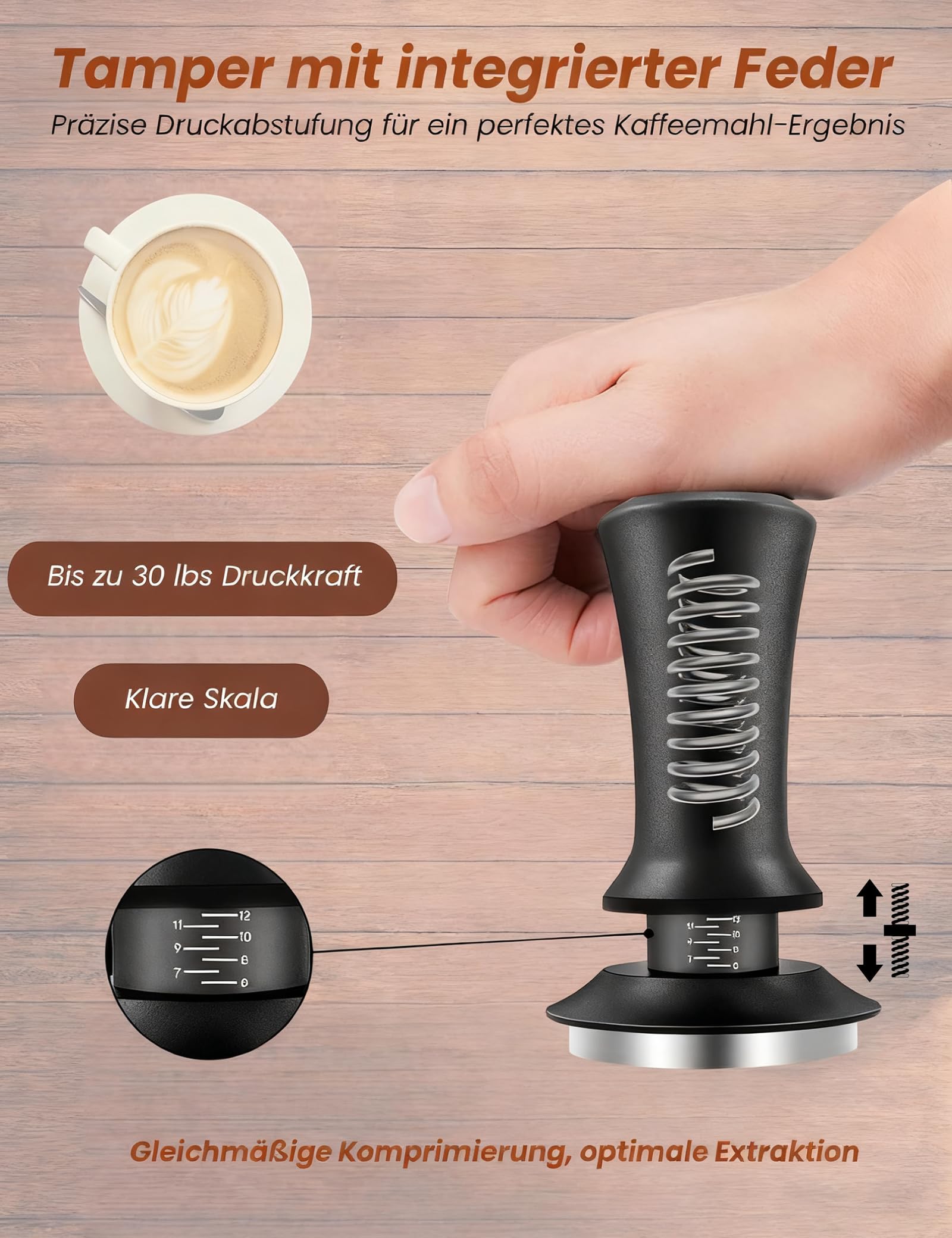 Kaffee Tamper 51mm, Edelstahl Espresso Tamper mit 15lbs Anpressdruck, 304 Edelstahl Base, Skalenanpassung, Kaffeepresse mit Tamper-Base Flat, für 51mm Bodenloser Siebträger