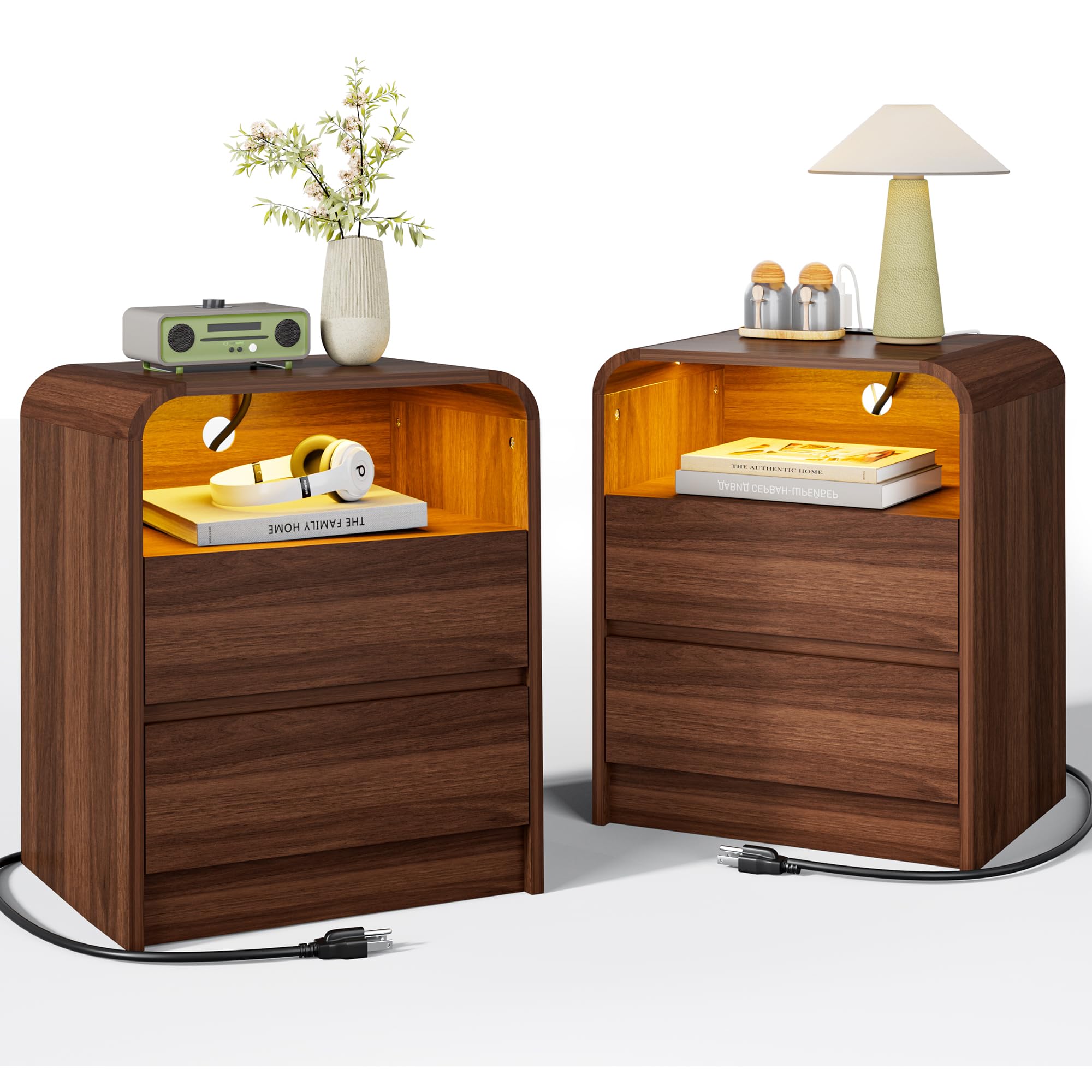 FavourLife Night Stand Set 2, Led Nightstands Set of 2, Handleless 2 Drawer Nightstand with Charging Station, Modern End Table with Open Shelf, Wooden