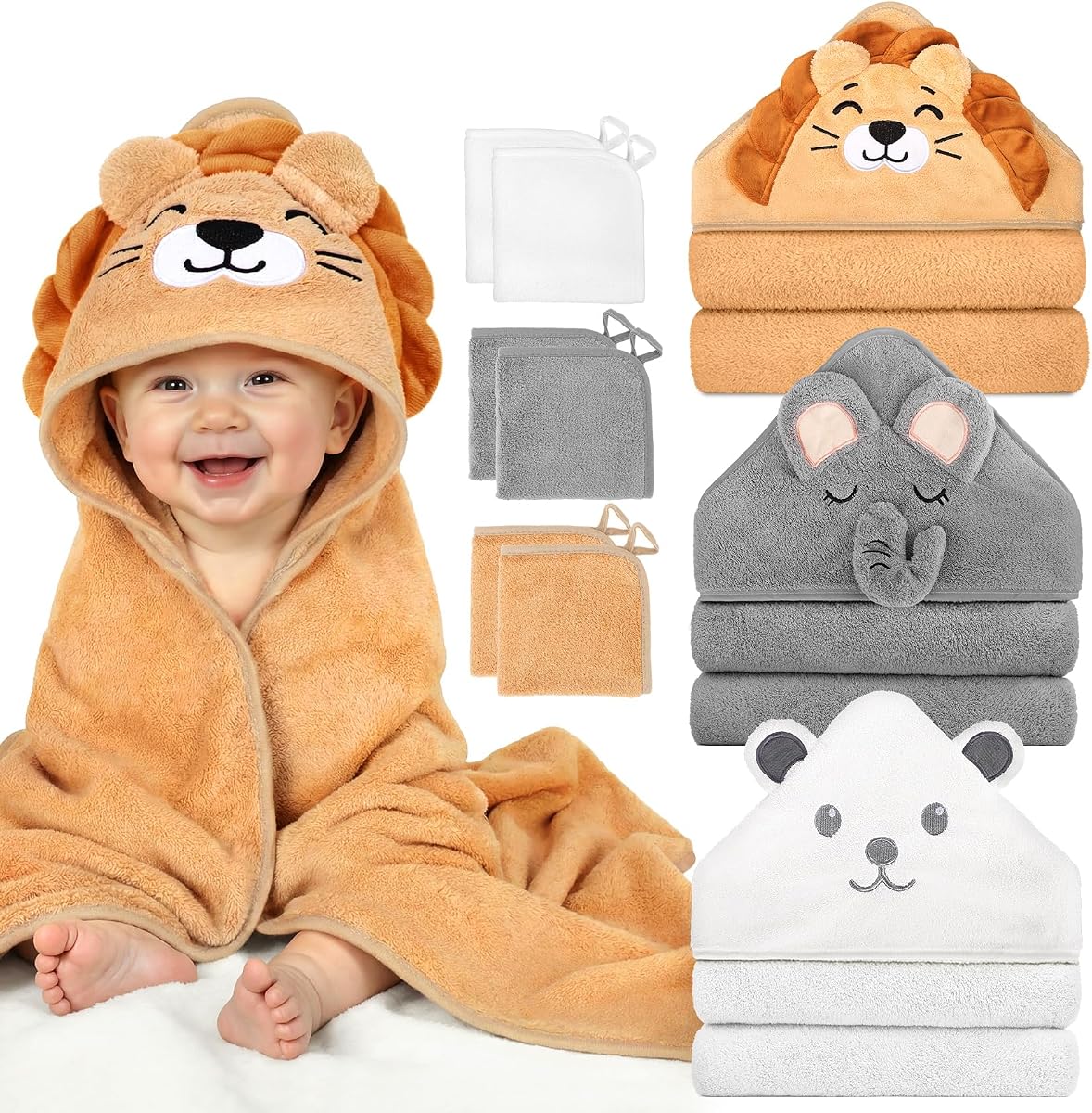 Juego de 9 toallas de baño para bebé para recién nacidos (león, oso, elefante) | 3 toallas de bebé con capucha de animales, juego de 6 paños, ultra absorbentes, suaves, lindos elementos esenciales para bebés, regalo para niños y niñas