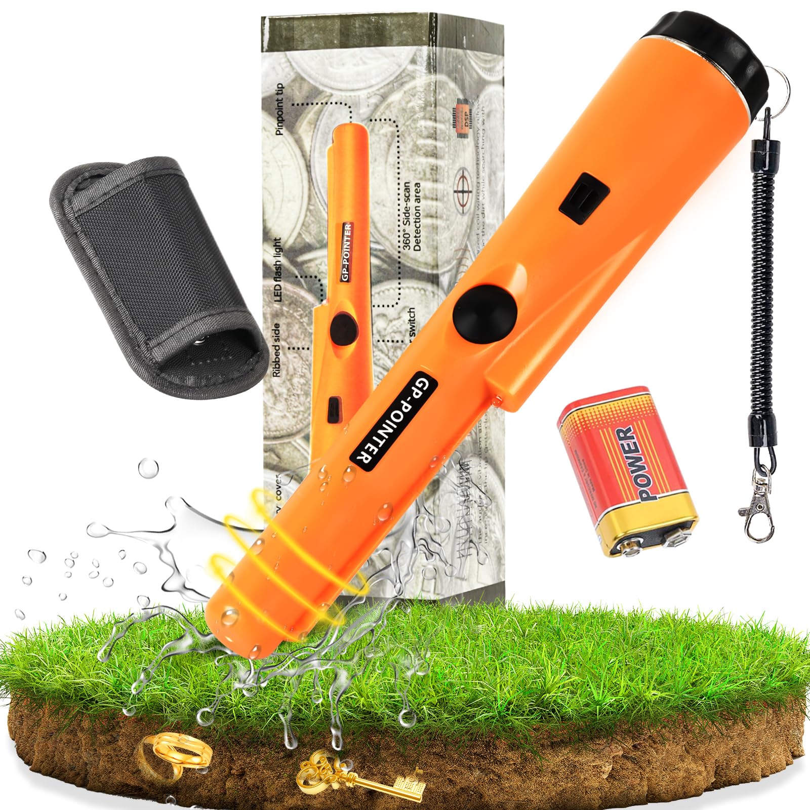 Pinpointer Metal Detector Adulti e Bambini, Metal Detector Professionali Impermeabile IP66 Metaldetector Portatile con Indicatore LED Integrato, Luce di Allarme e Batteria per Caccia di Oro Tesoro