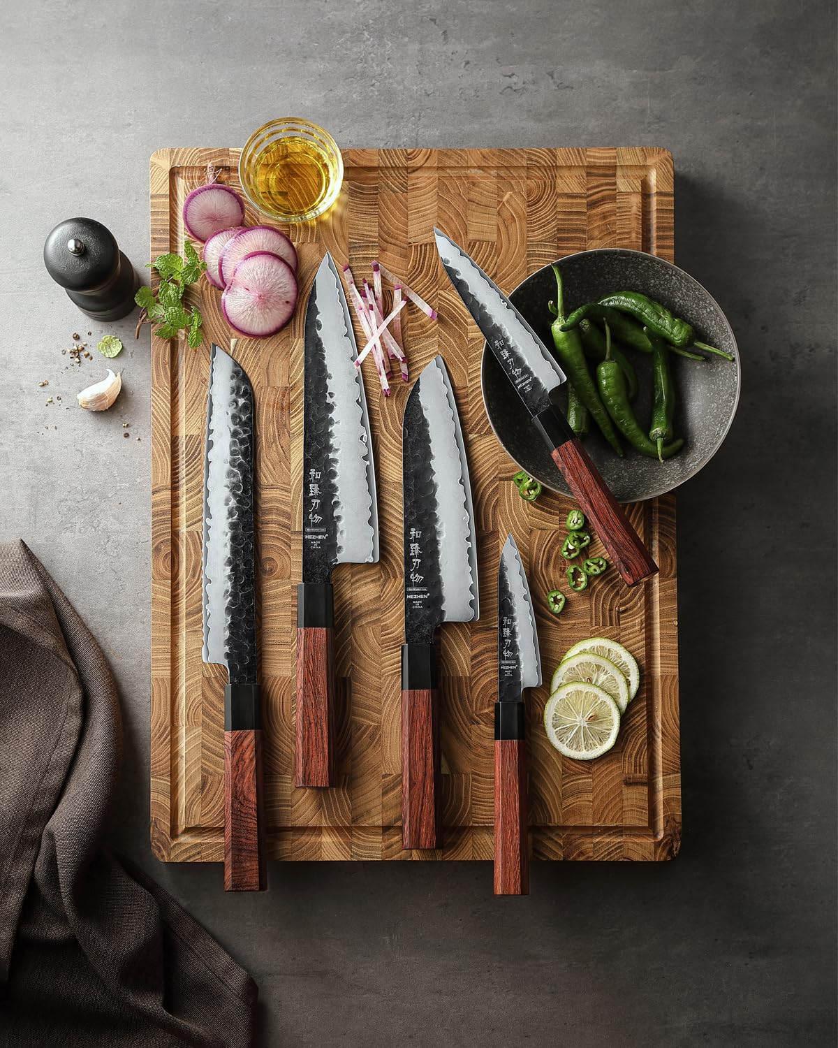 HEZHEN Juegos de Cuchillos de Cocina, Set Cuchillo de Cocina Profesional con Soporte para Cuchillos Magnético Doble Cara, Bloque de Cuchillos de Madera de Olivo