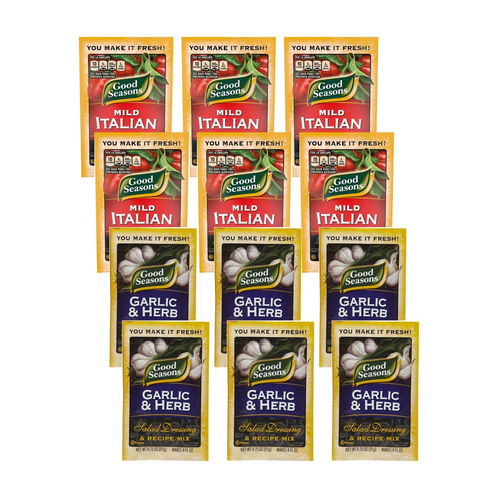 Good Seasons Dressing & Recipe Mix Variety Pack, Garlic & Herb and Mild Italian Salad Dressing Seasoning Packets, Marinade Mix for Pasta Salad Chicken and Vegetables (Variety Pack of 12)