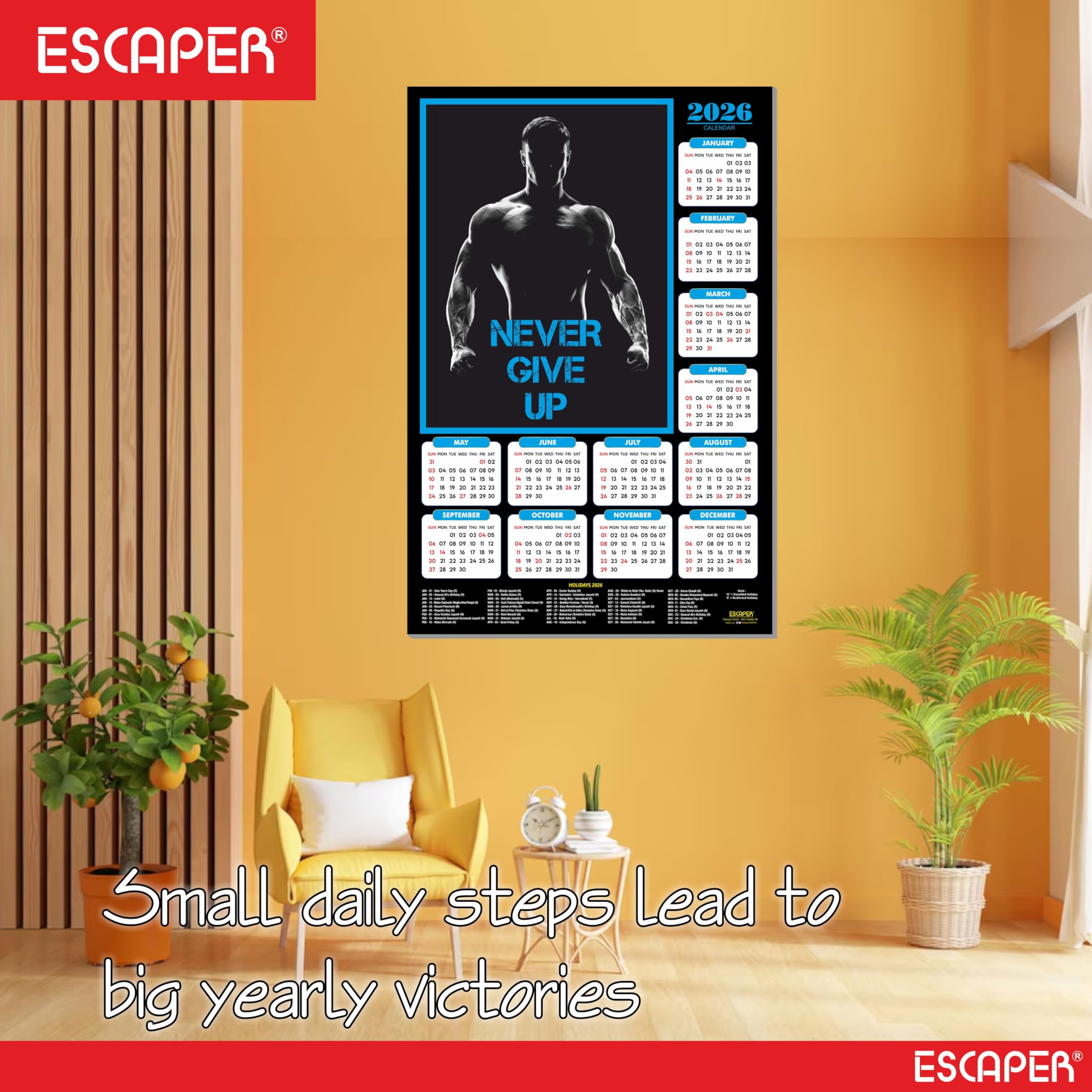 ESCAPER Never Give Up Gym Wandkalender 2026 - 300 g/m² Papier, laminierte Bodybuilder & Workout Motivation, Fitness & Übung Wandkalender für Fitnessstudio, Zuhause oder Fitnesscenter