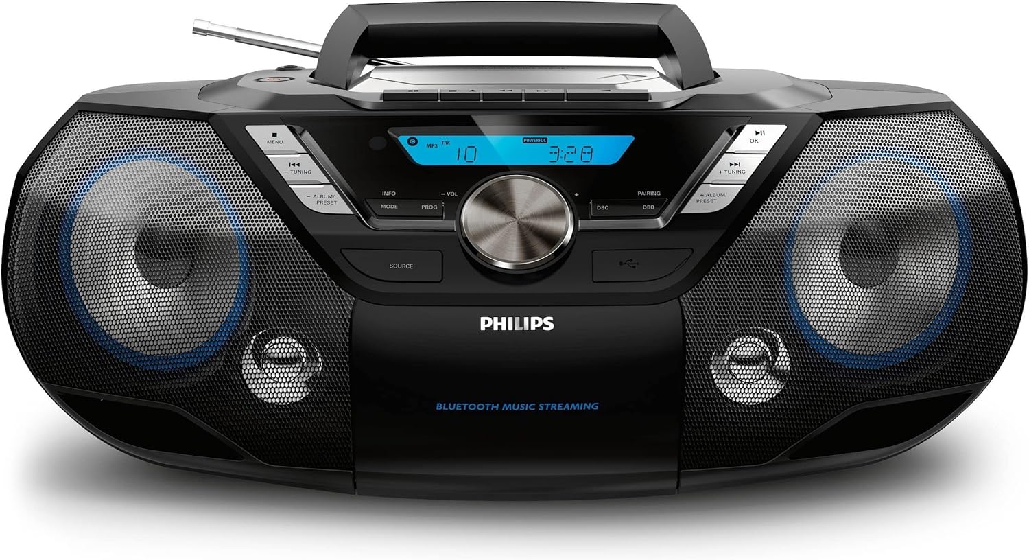 Top view of Philips AZB798T/12 Portable CD Player with handle and CD compartment