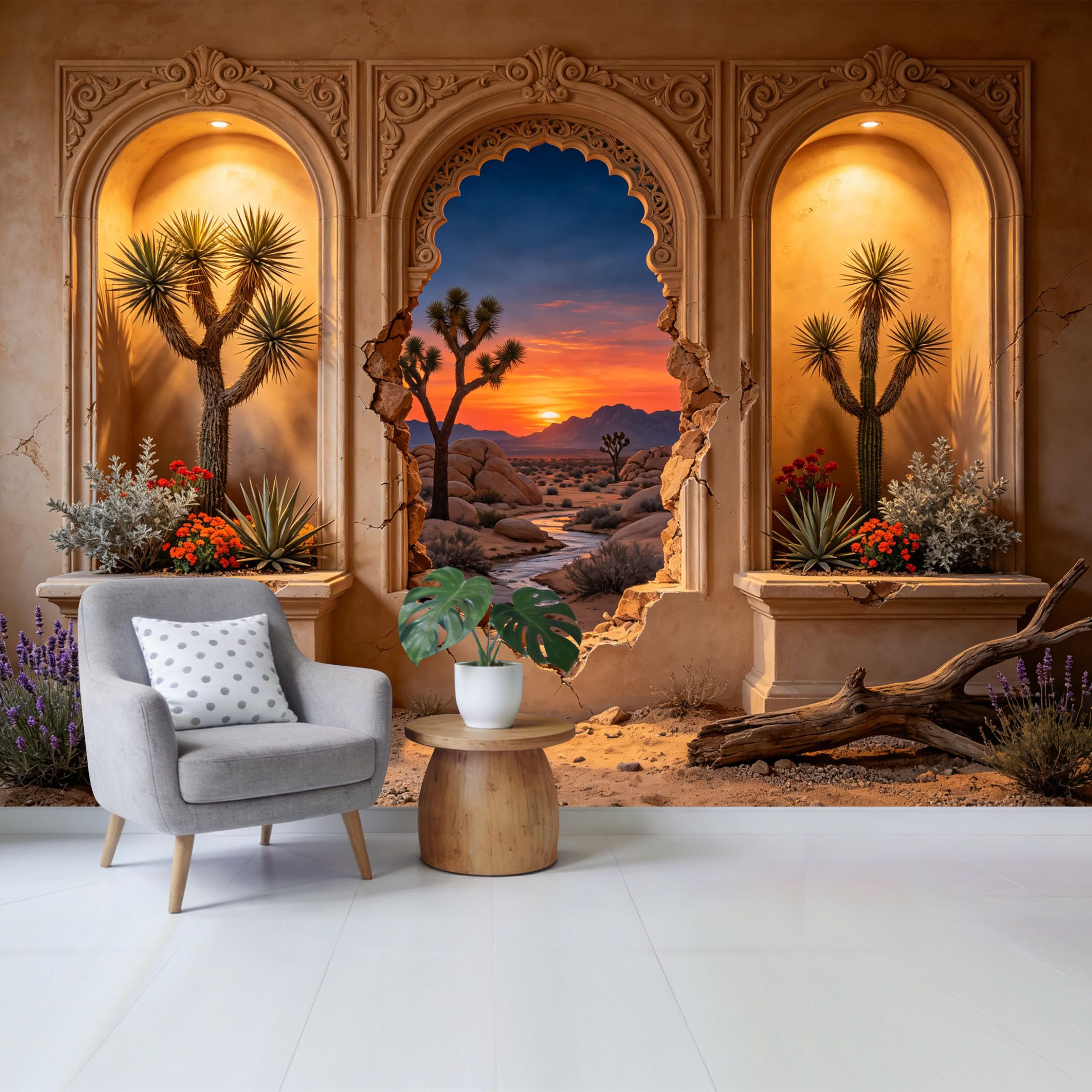 Removable Self Adhesive Fabric Mural， 3D Trompe L'Oeil Desert Sunset Joshua Tree Archway Custom Size Wall Covering， UV Protected Waterproof Washable Wall Decor for Living Room Bedroom