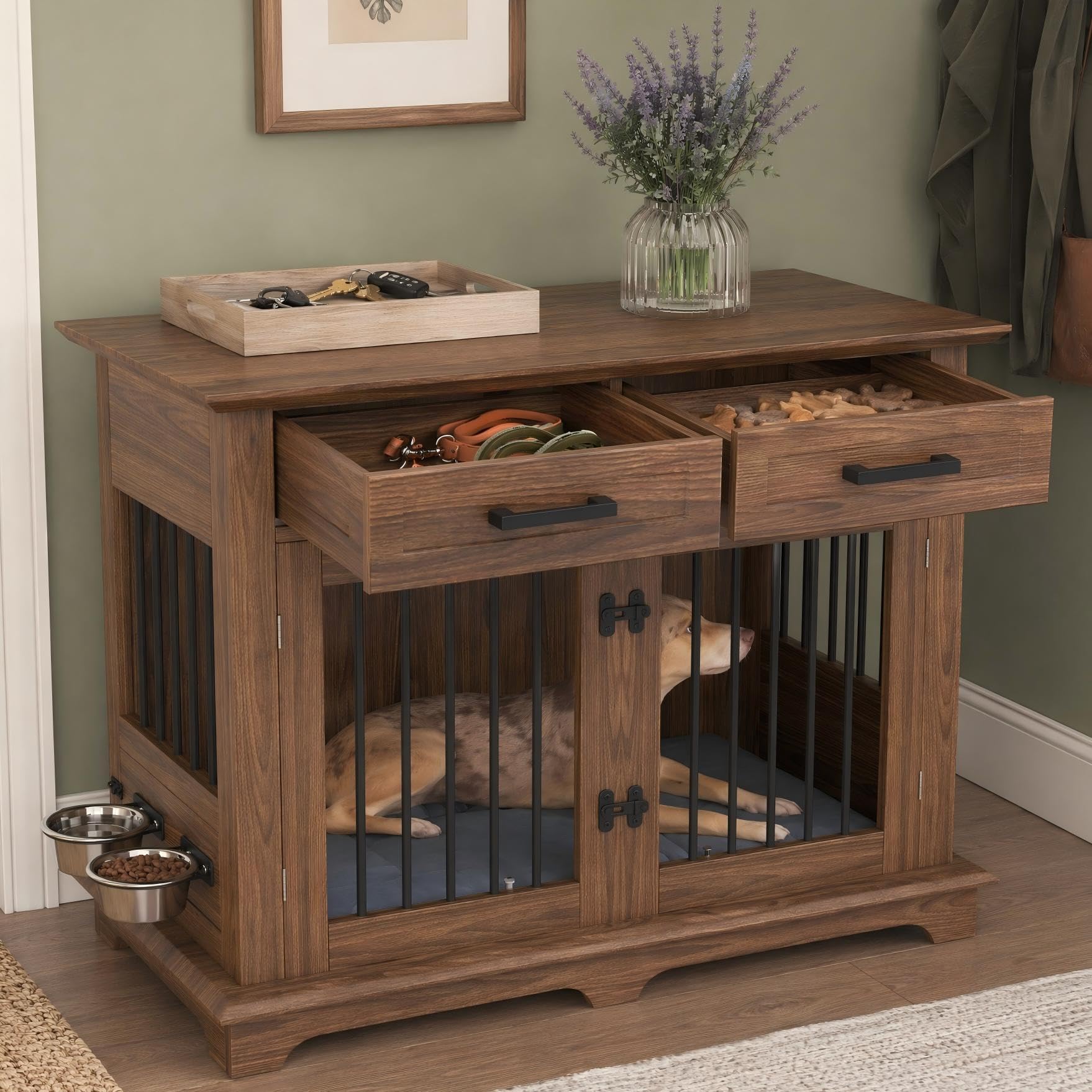 44.48" large dog crate & kennel furniture with storage drawers | brown furniture-style pet house with 4-lock safety
