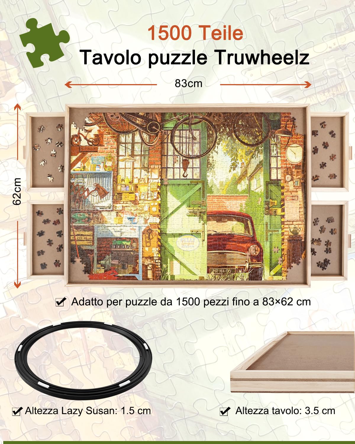 1500 elementów obrotowa deska do puzzli z szufladami i pokrywą, 87 x 64 cm - przenośny stół do puzzli dla dorosłych, taca obrotowa Lazy Susan