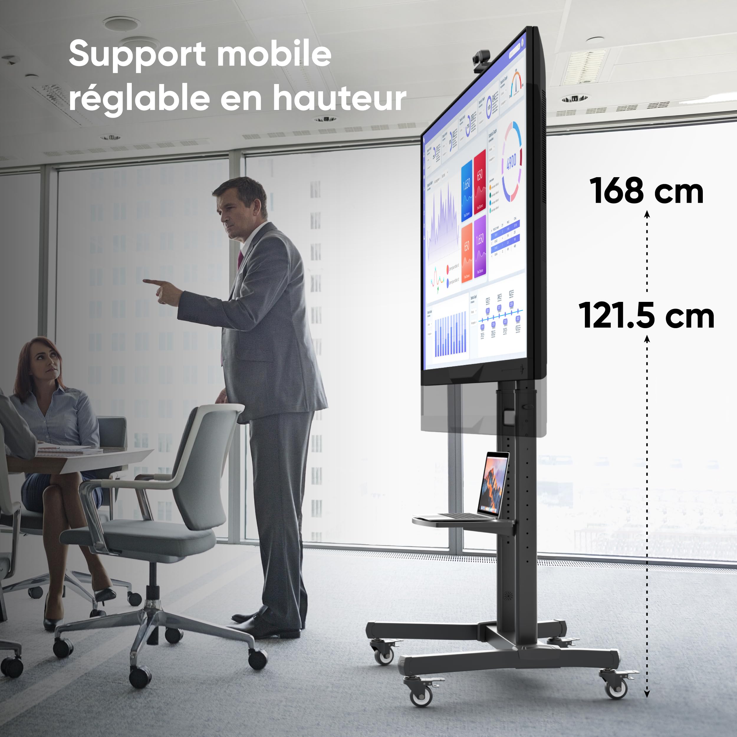 ONKRON Support TV roulettes 50" - 90", 90 kg, Max VESA 800x600, TS1891-B | Support TV mobile, inclinaison ±5°, hauteur réglable, roues sécurisées, tablettes, présentations, réunions et classes, noir