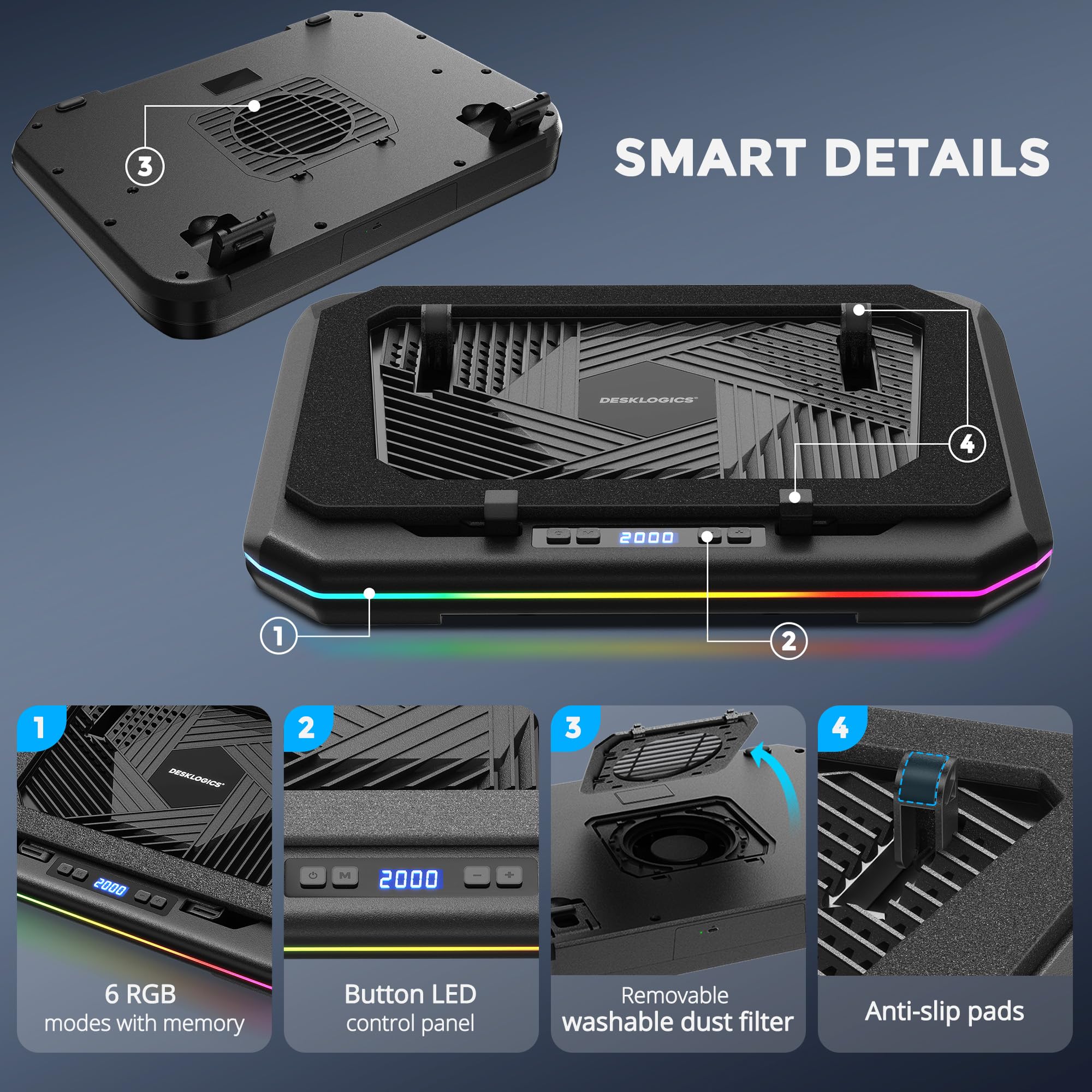 Tappetino di raffreddamento per computer portatile, ventola turbo silenziosa per laptop e MacBook da 12-19 pollici, supporto di raffreddamento regolabile in altezza con luce RGB, cuscinetto