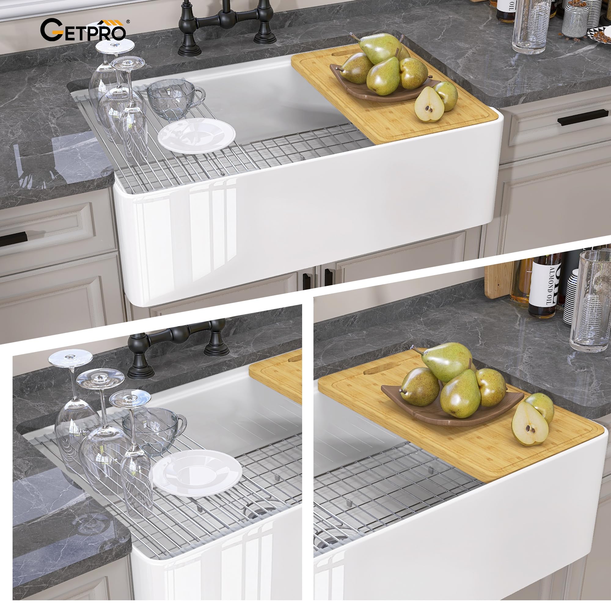 Snapklik.com : GETPRO White Farmhouse Sink 33 X 20 Fireclay Apron Front