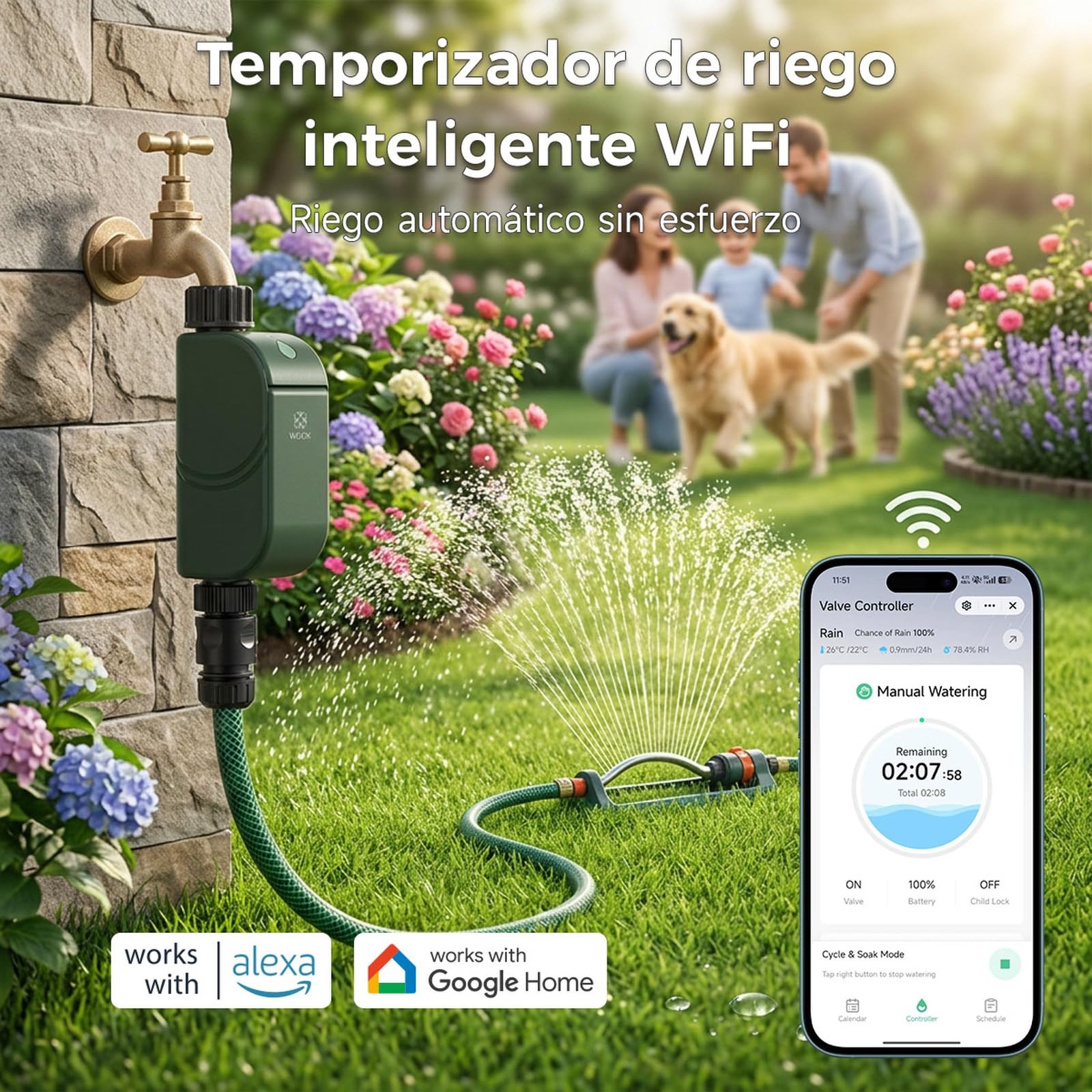 Woox Programador de Riego WiFi Inteligente, Sin Hub Requerido | 8 Programas de Riego, Wi-Fi 2,4 GHz, control vía app, Alexa/Google Assistant, IP65, Retardo por lluvia, Riego manual.