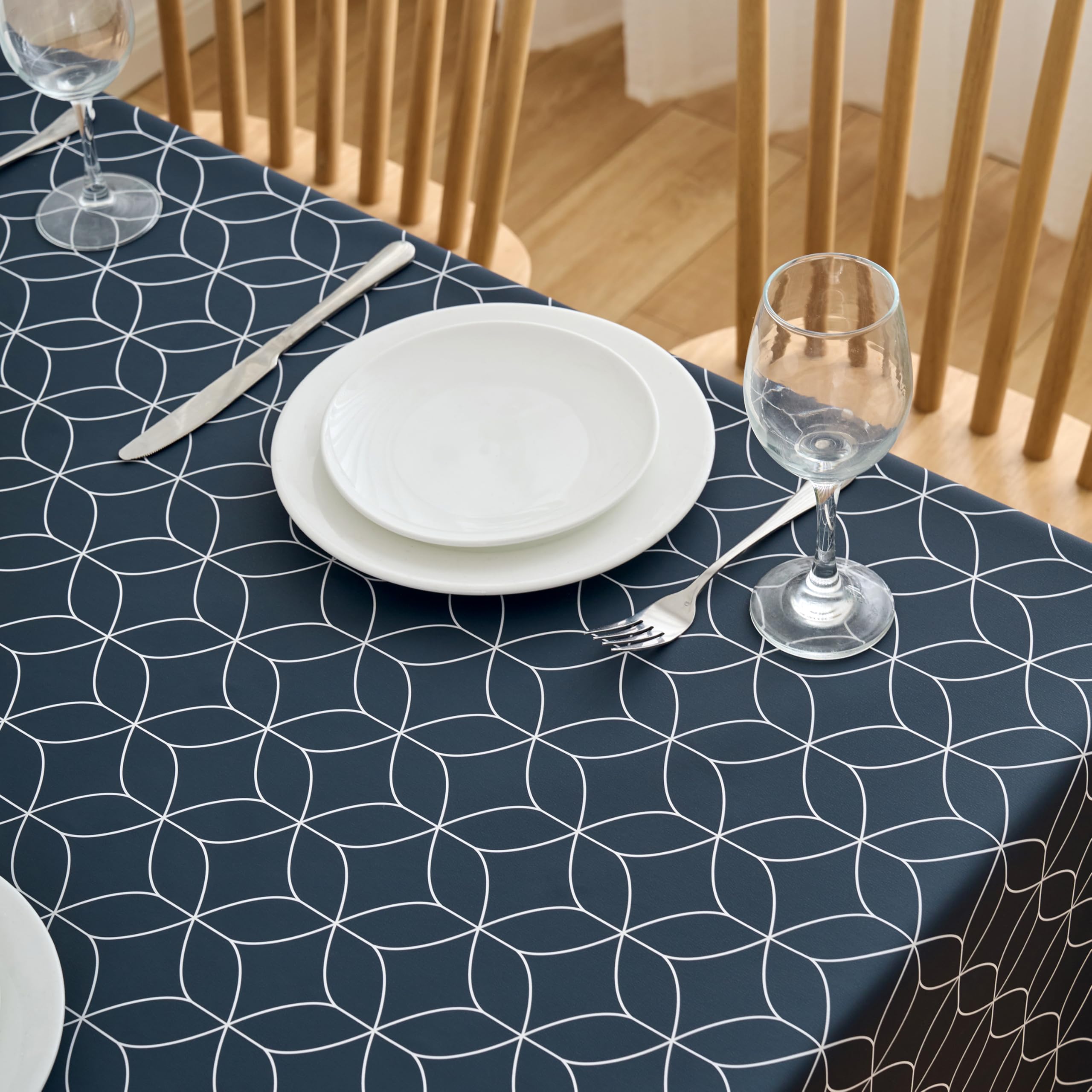 Dehaus® Wipe Clean Table Cloth - Navy Blue Geo Flow - Wipeable PVC Oilcloth Table Cover - Plastic Vinyl Tablecloth - Water Resistant & Easy Clean - Kitchen Dining Protector (Square 140 x 140cm)