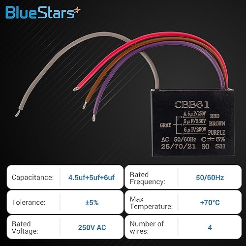 Miniatura 2 de BlueStars - Condensador de ventilador de techo CBB61 actualizado de 4.5uf+5uf+6uf de 4 cables de 250 V CA, paquete de 1, repuesto para ventilador de