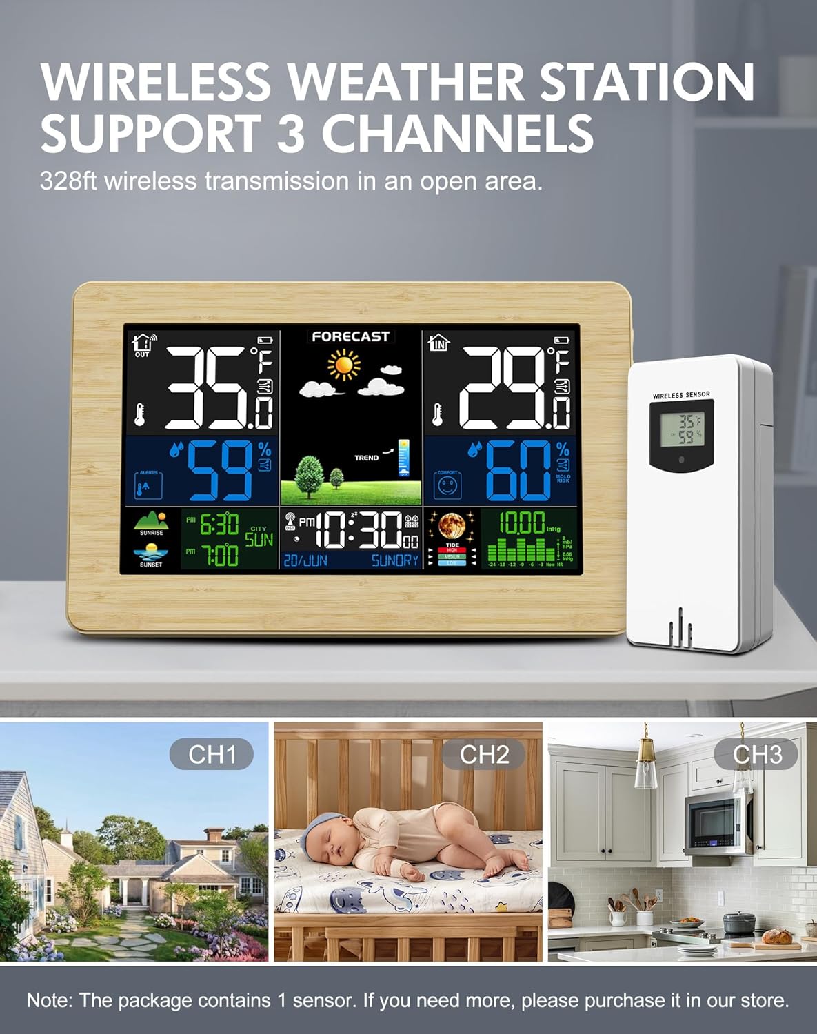 Weather Station Wireless Indoor Outdoor Thermometer, Digital Thermometer, Large Display Home Weather Stations with Weather Forecast, Atomic Clock, Barometric Pressure, B