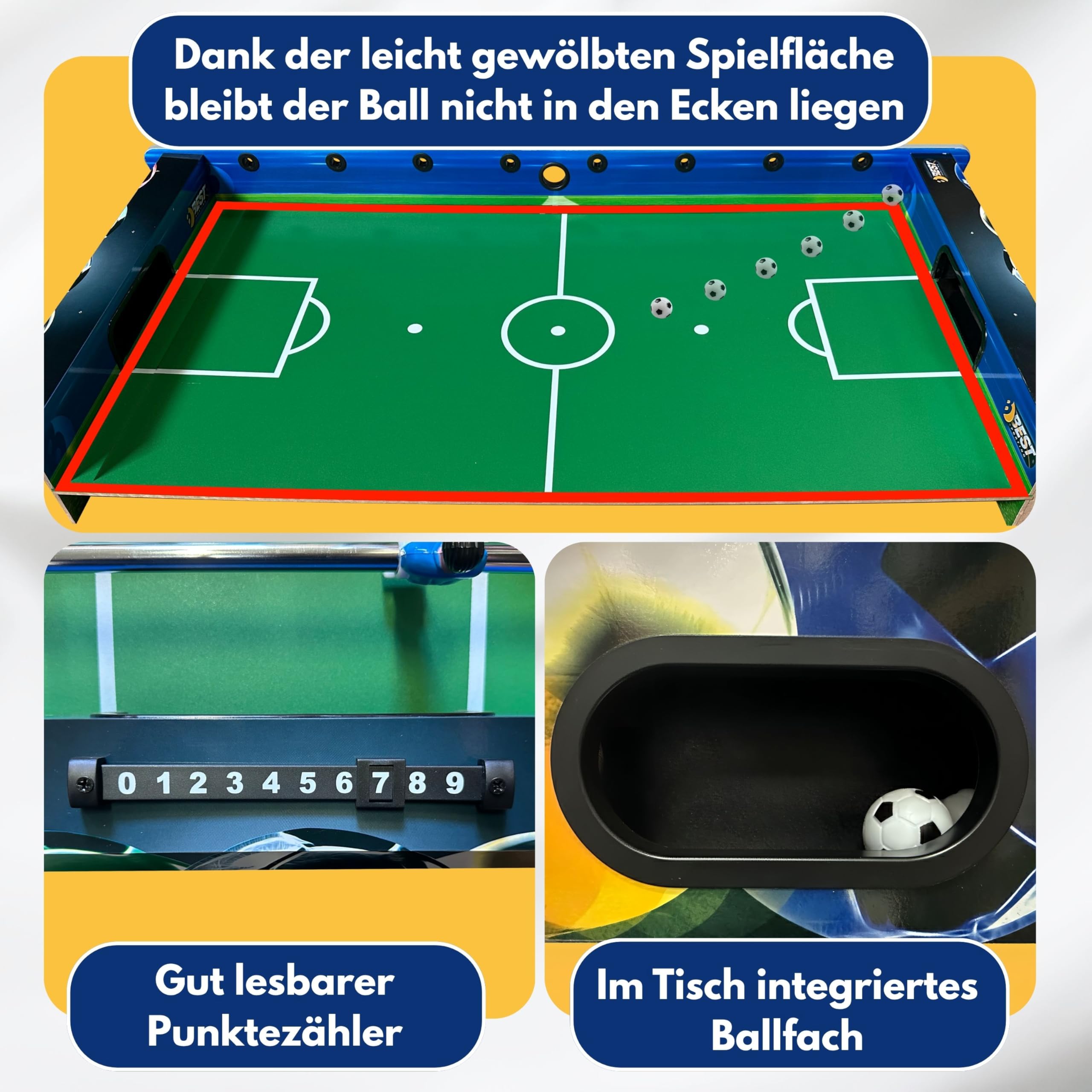 BEST SPORTING Tischkicker Kinder & Erwachsene | Kickertisch Spiele, Tischfussball & Fußball Spielzeug – inklusive 2 Kickerbälle, höhenverstellbare Füße, Antirutsch-Griffe, Atomic-Soccer Design