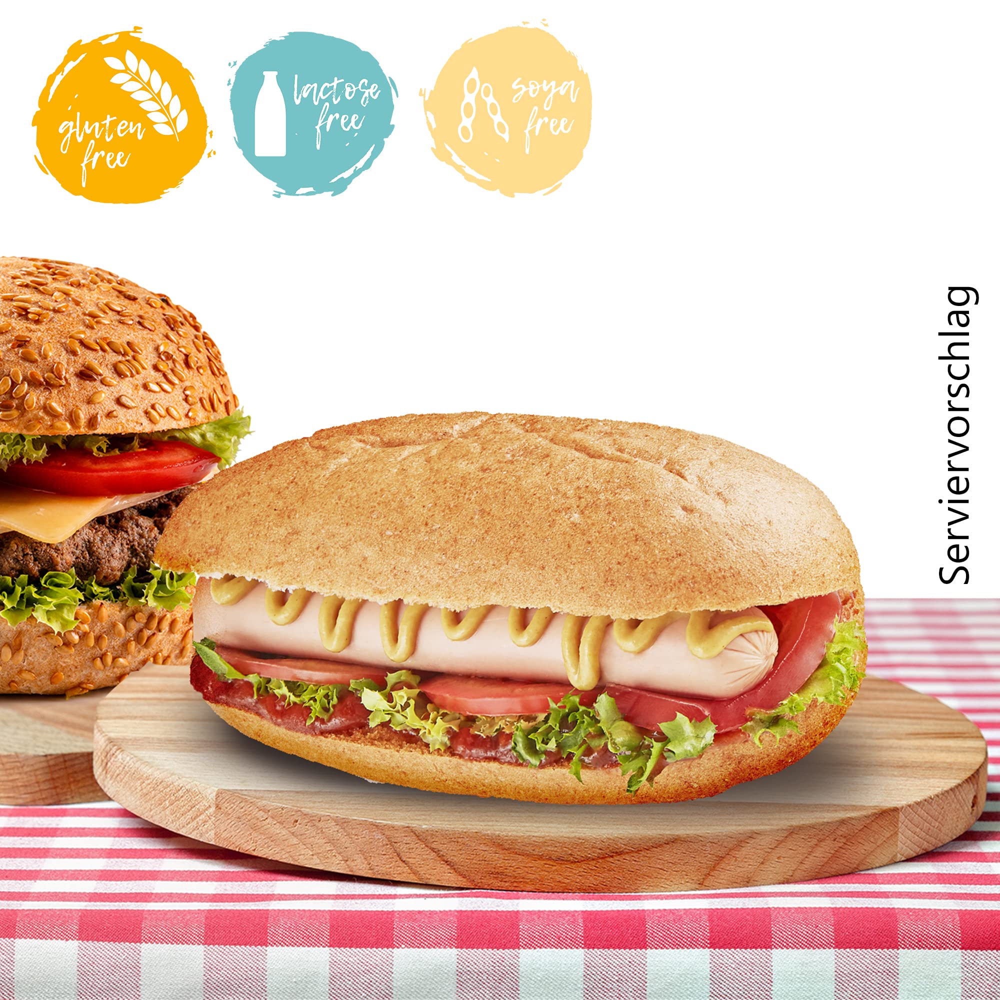 YULKA Glutenfrei | BOX Hot-Dog & Hamburger Brötchen 12erPack | Glutenfreie Brötchen und Backwaren | Laktosenfrei Weizenmehlfrei (Vorteilspack 6x HotDog (130g: 2x65g) 6x Hamburger (140g: 2x70g))