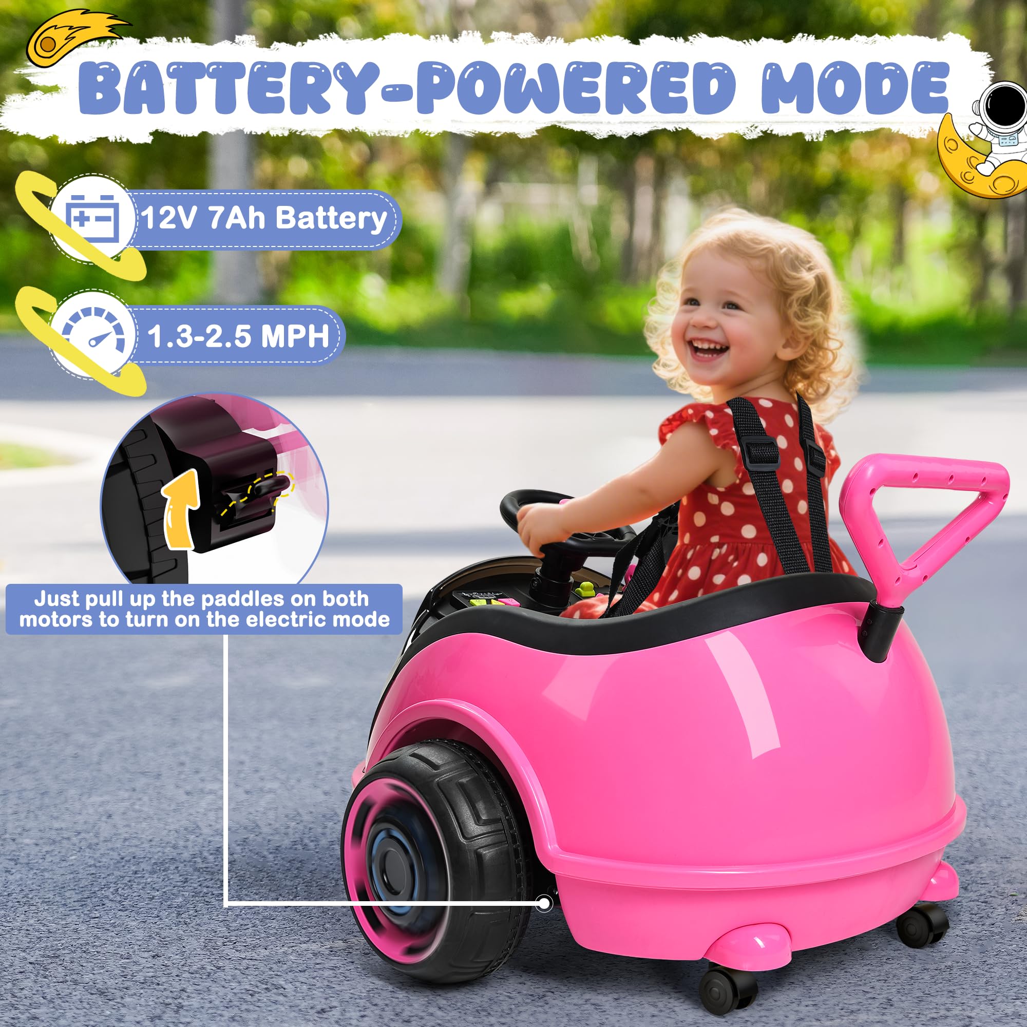 ANPABO 3-in-1 Electric Push Ride On Car, 12V Kids Ride On Toy w/Remote Control, 360° Spin, 5-Point Safety Belt, Colorful LED Light, Music Player, Push Car for Toddler Ages 1-3 (Pink) — view 3