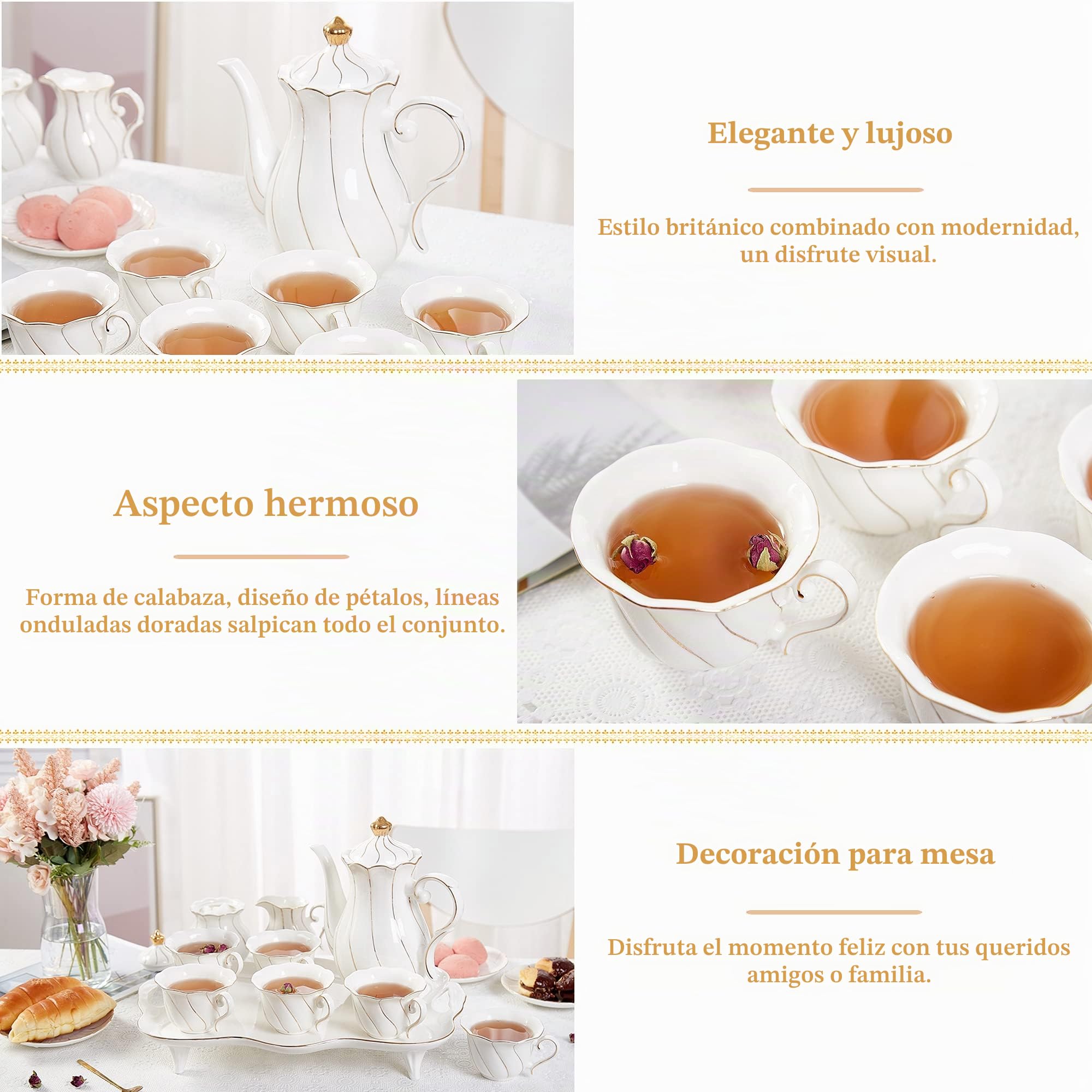 DUJUST Juego de 14 piezas de té con bandeja de té y cucharas, juego de tazas de té y café con diseño de diamante moderno con adornos dorados, decoración de sala de estar de porcelana
