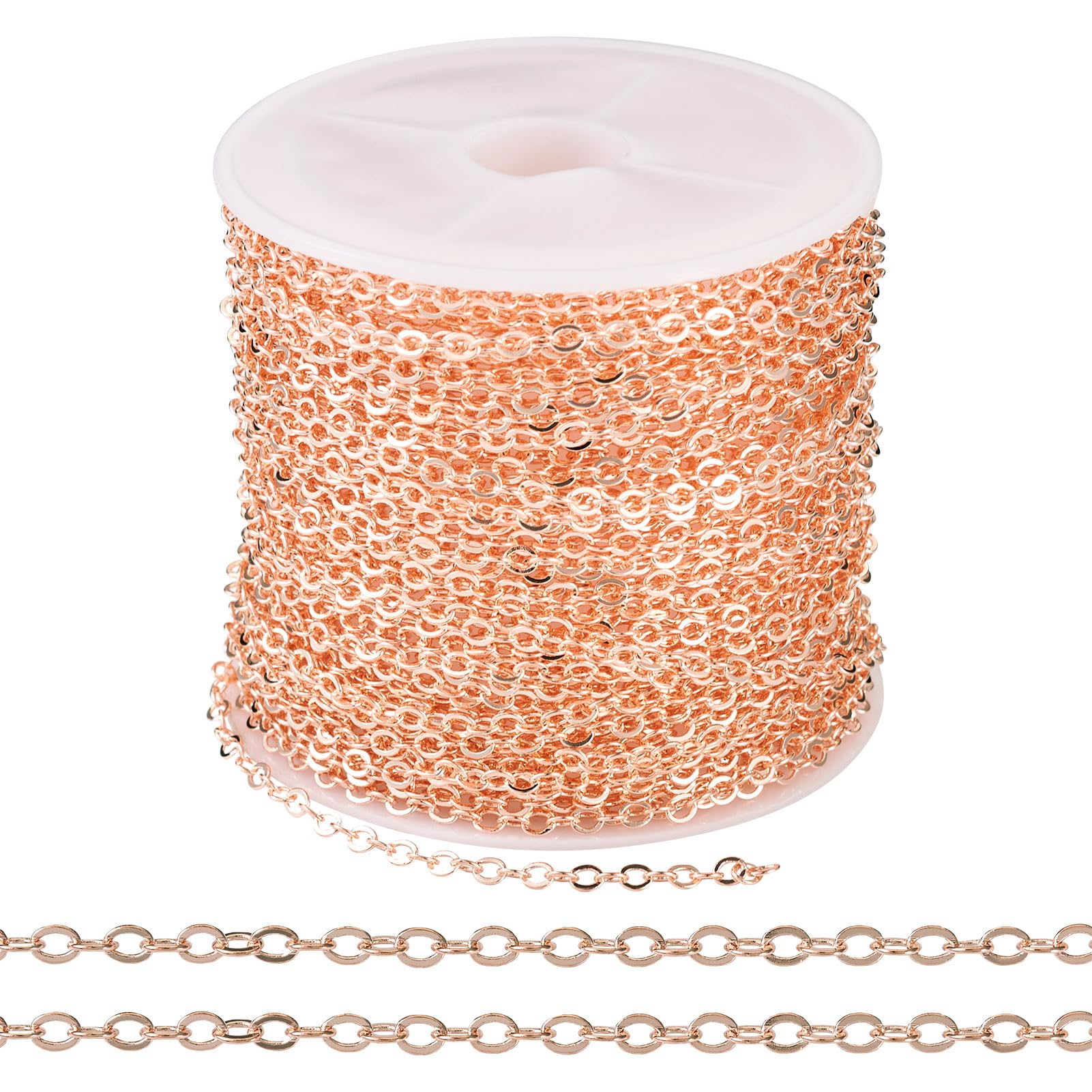 FASHEWELRY 10m/roll Cable Chain Soldered Links Brass Coated Iron Flat Chains for DIY Crafts Necklace Bracelet Anklets Jewelry Making Rose Gold