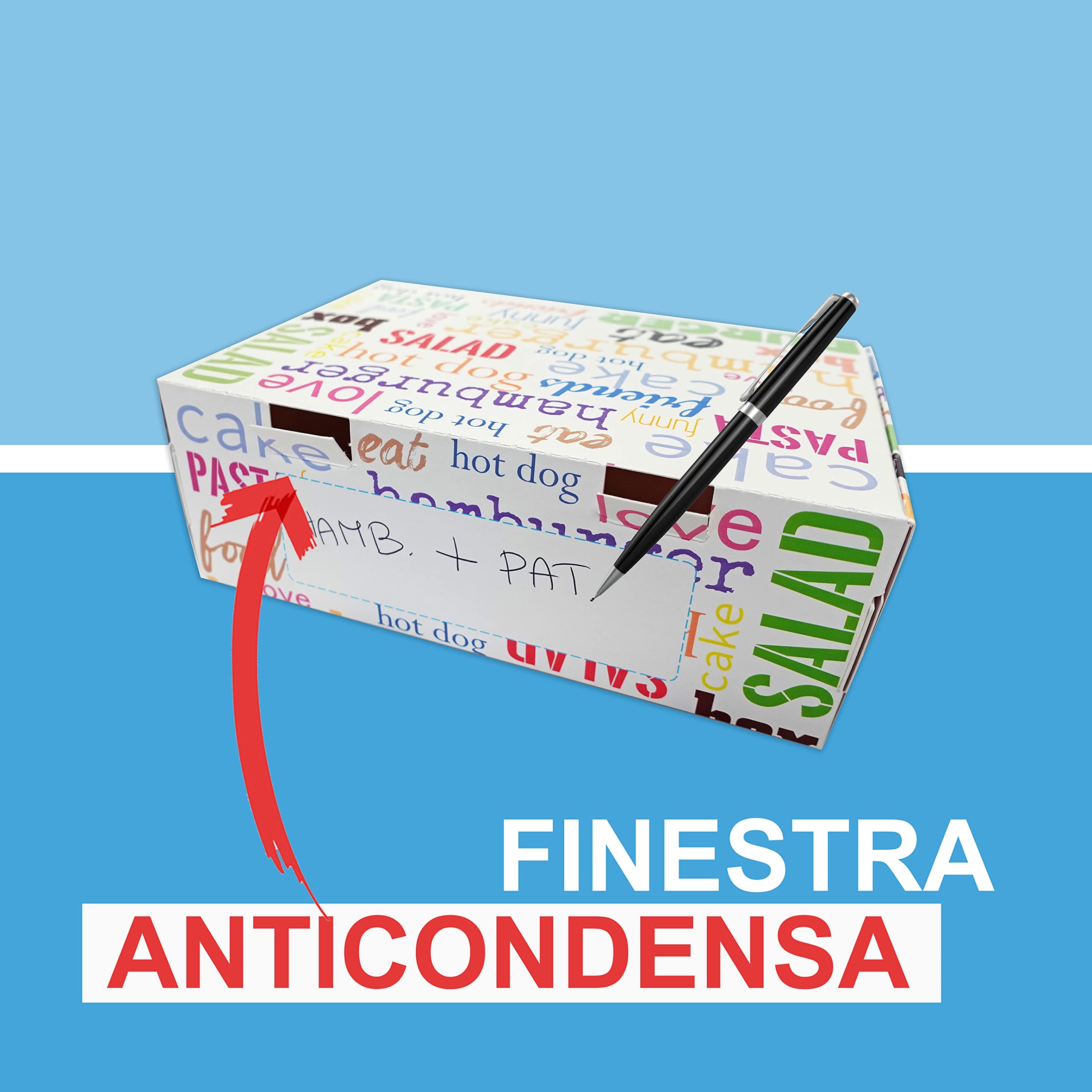 Confezione da 100 scatole per Asporto Alimentare Stampate per Hamburger e Fritti - Misure 20x13x7h cm - White - Interno antiunto - Scatole impilabili