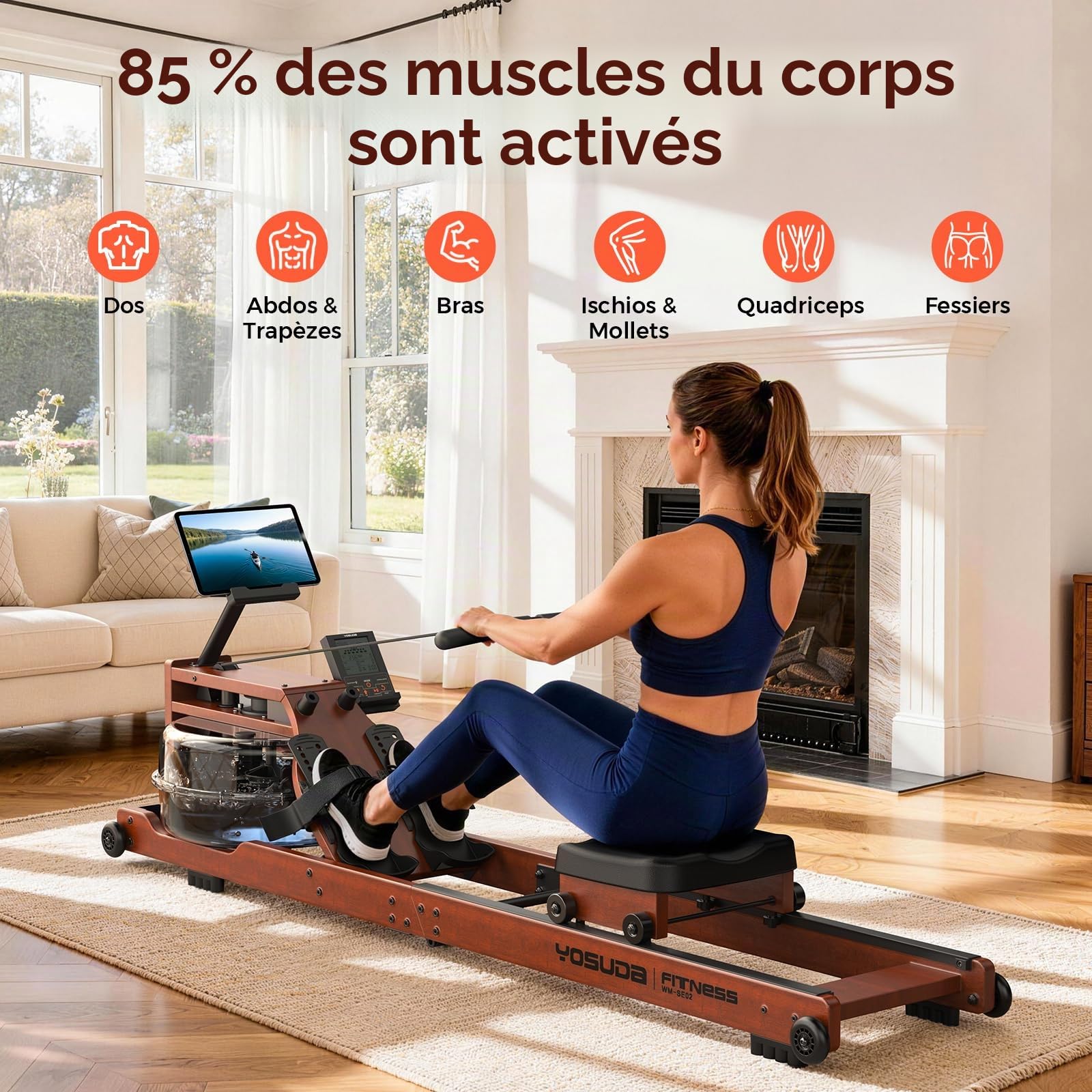 YOSUDA 2026 Nouveau Rameur Pliable Appartement, avec Grand réservoir 22L, APP/Bluetooth, Ultra-Silencieux, Support téléphone réglable, capacité Max. 190cm/182kg et pré-assemblé à 98%, Rameur a Eau
