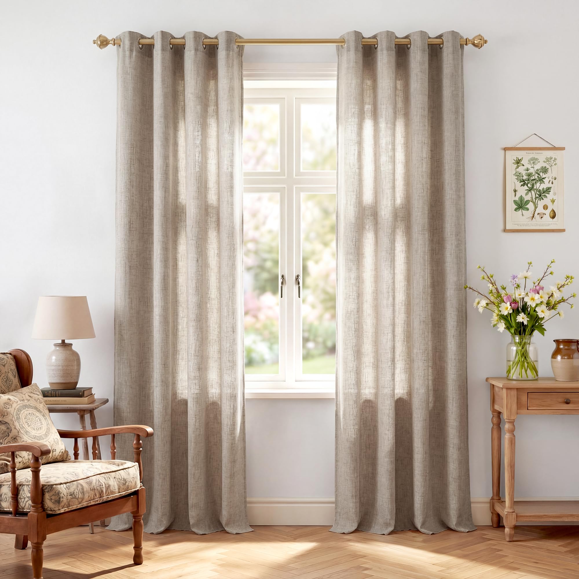 PONY DANCE Rideau Lin Effet - Rideaux Style Lin Épais A Oeillets, Protection de la Vie Privée Chic pour Salon Chambre à Coucher Maison Fenetre, L140xH260cm, 2 Panneaux, Beige