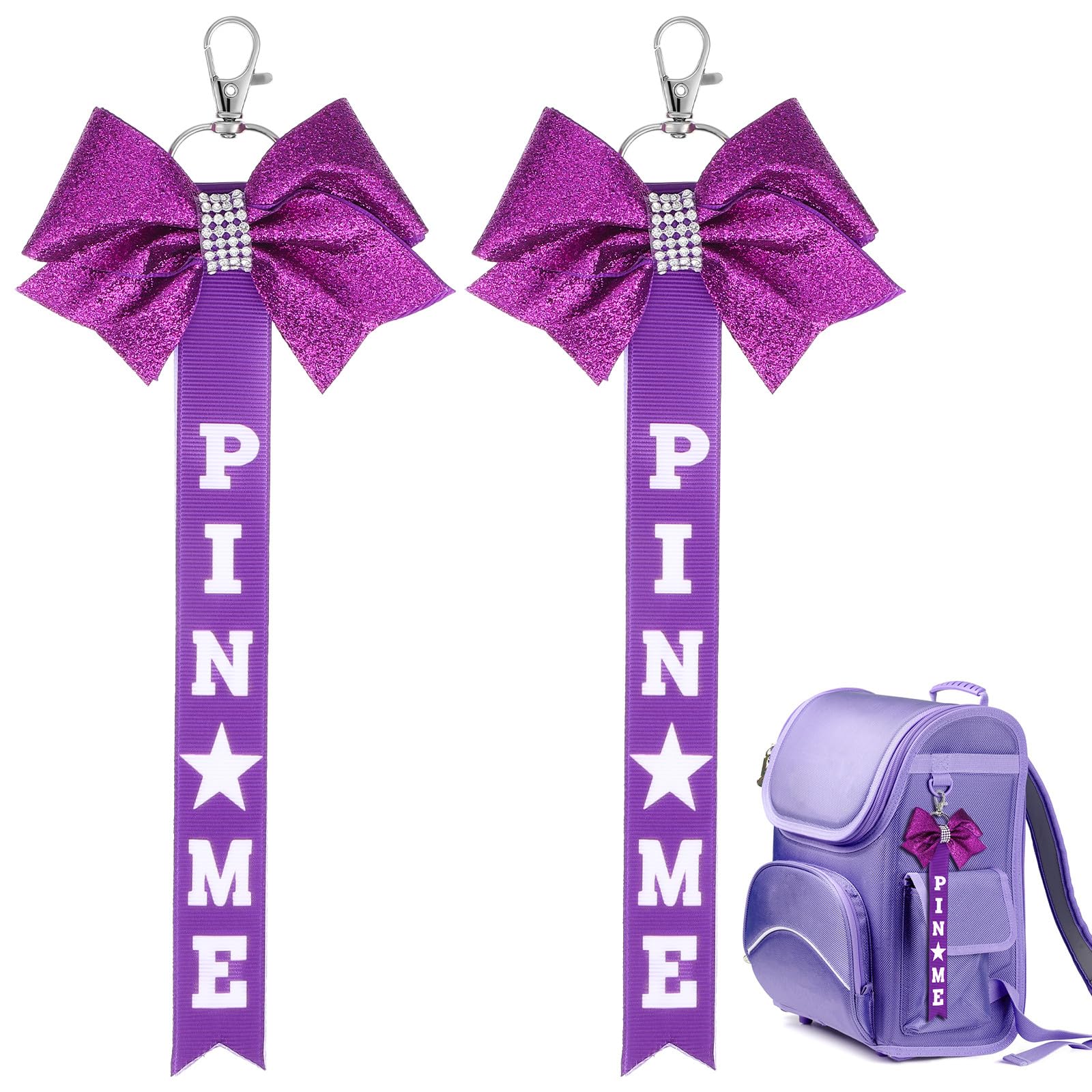 DIYEAH 2Pcs Cheer Bow Keychains Rhinestone Bow Keyring with Pin Me Ribbon Design Cheerleader Bag Charm Accessory for Backpacks Purses Keys Sports Supporters Gear