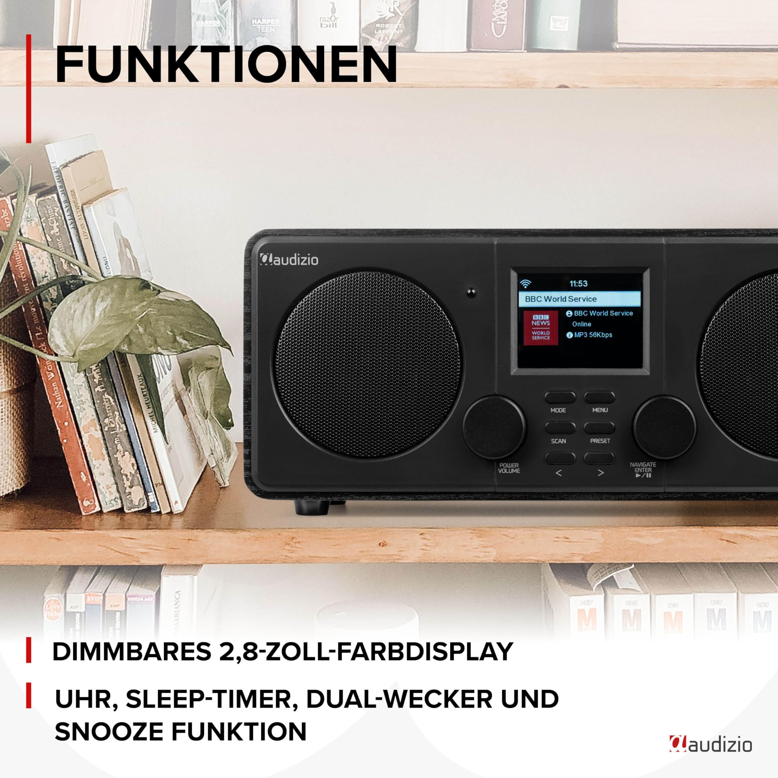 Audizio Foza - Internetradio WLAN, DAB Radio mit Bluetooth, Fernbedienung, 50 Watt, FM, AUX in, USB, MP3, Kopfhörer Anschluss, DAB Plus Radio, Küchenradio, Dual Alarm, Sleeptimer - Schwarz