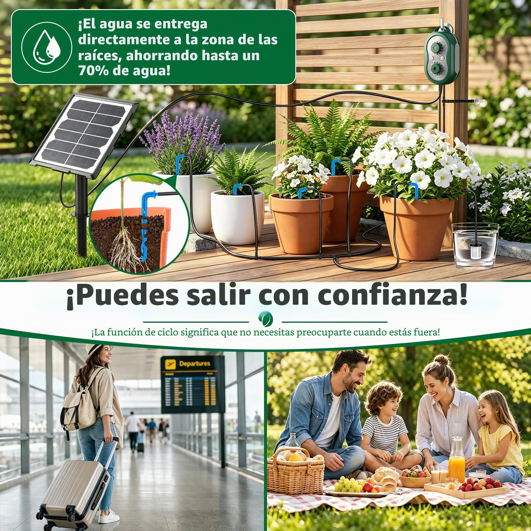 Riego por Goteo Solar para Jardín con Controlador, Recargable Sistema de Riego por Goteo 132 Modos Kit Riego por Goteo para Jardín, Balcón, Invernadero, Césped