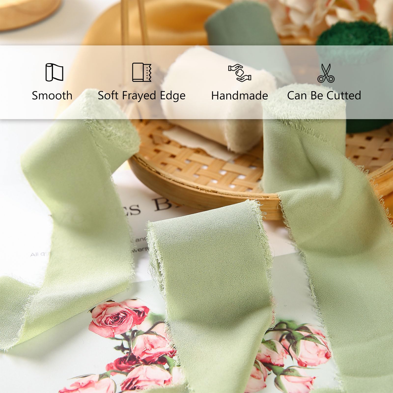 Pretty Jolly Green Chiffon Ribbon for Gift Wrapping 1 1/2 Inch 20Yd Wedding Car Ribbons Handmade Fringe Silk Ribbon for Cake Flower Bouquet Wedding Invitations DIY Crafts and Hair Bow - Image 3