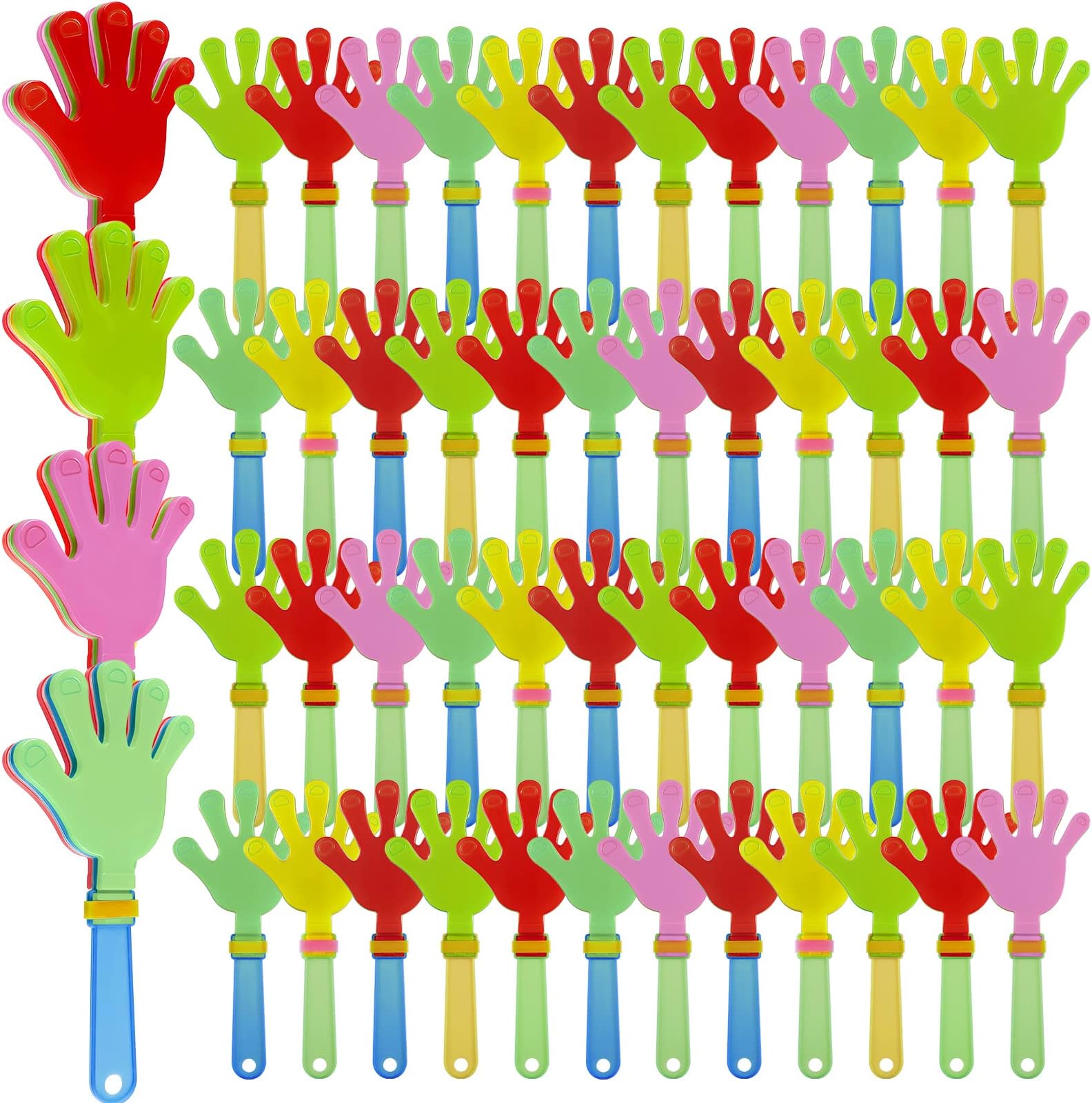 Meooeck 120 Pcs 7.5 Inch Hand Clappers Noisemakers Bulk Plastic Hand Clappers Noise Makers for Sporting Events Fiesta Birthday Rewards Cheers Game Party Favors Supplies, Random Color
