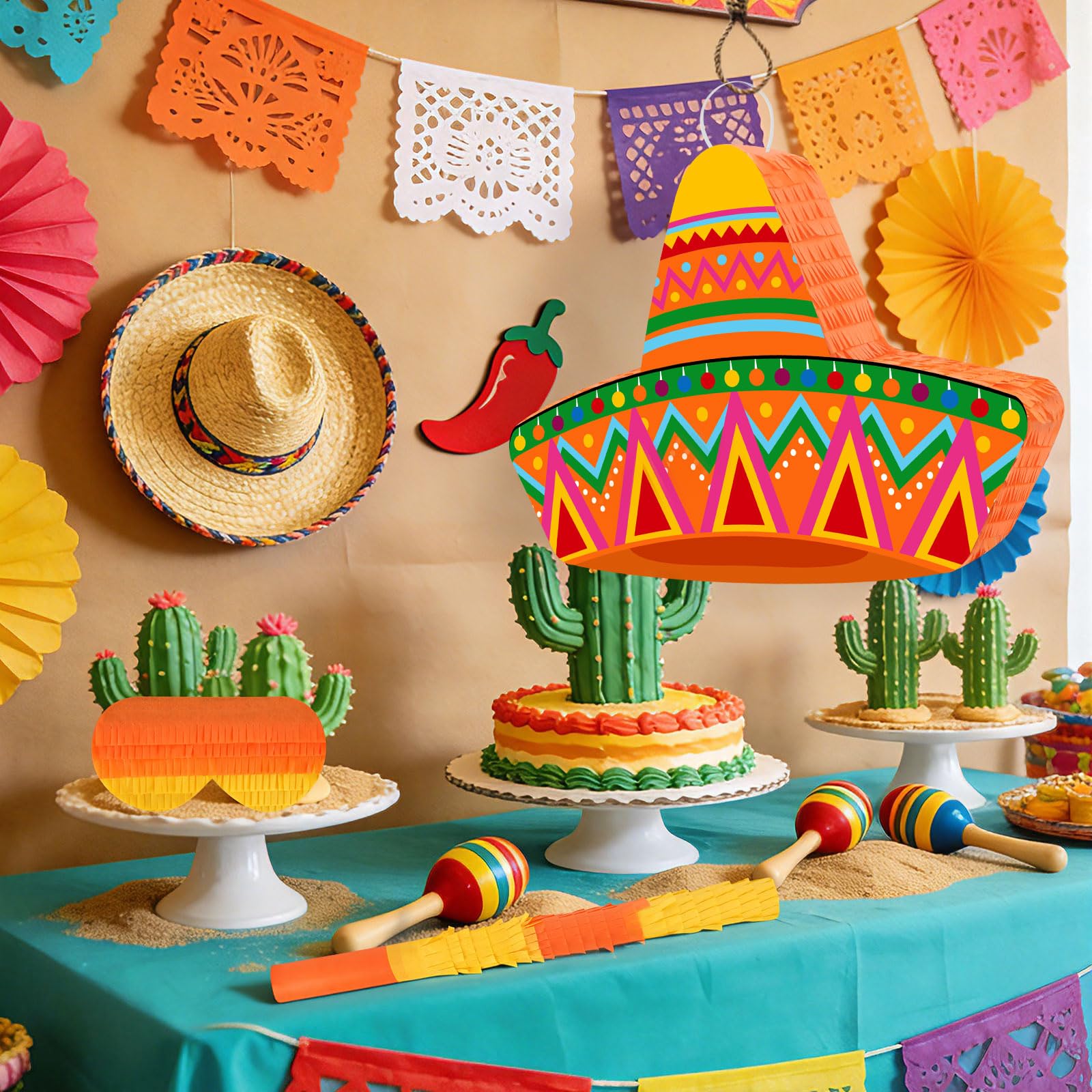 Hooqict Piñata mexicaine avec bandeau pour les yeux et bâton de chauve-souris pour décoration de fête, carnaval, Cinco de Mayo pour enfants et adultes