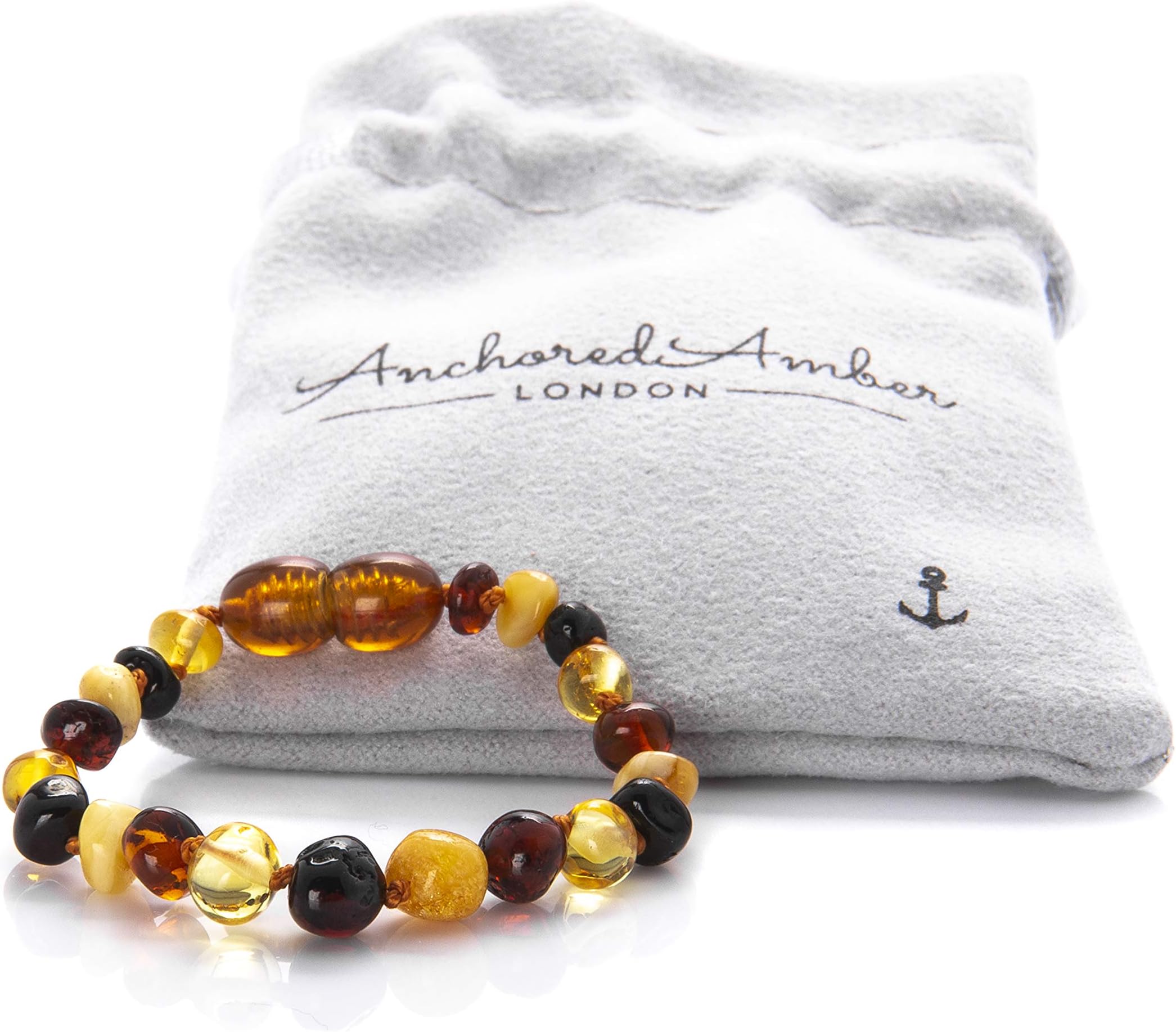 Premium Natural Baltic Amber Bracelet/Anklet - Anchored Amber. Genuine Amber with Certificate of Authenticity. 14cm (Multi)