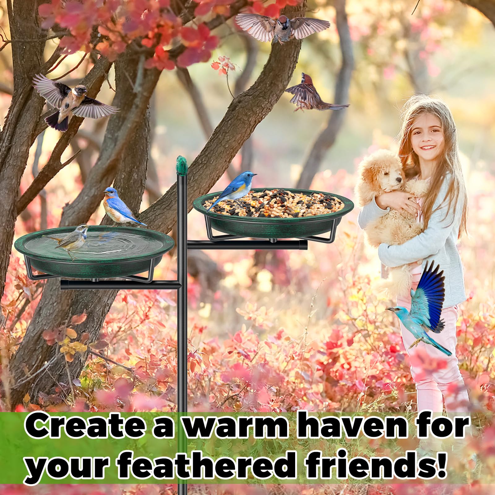 Vogeltränke Vogelbad Schale Stehend, 2-in-1 Vogelbad für Draußen Garten mit Doppelbecken für Wasser und Futter, Metall Vögel Vogelbecken für Gartendeko (Altgrün)