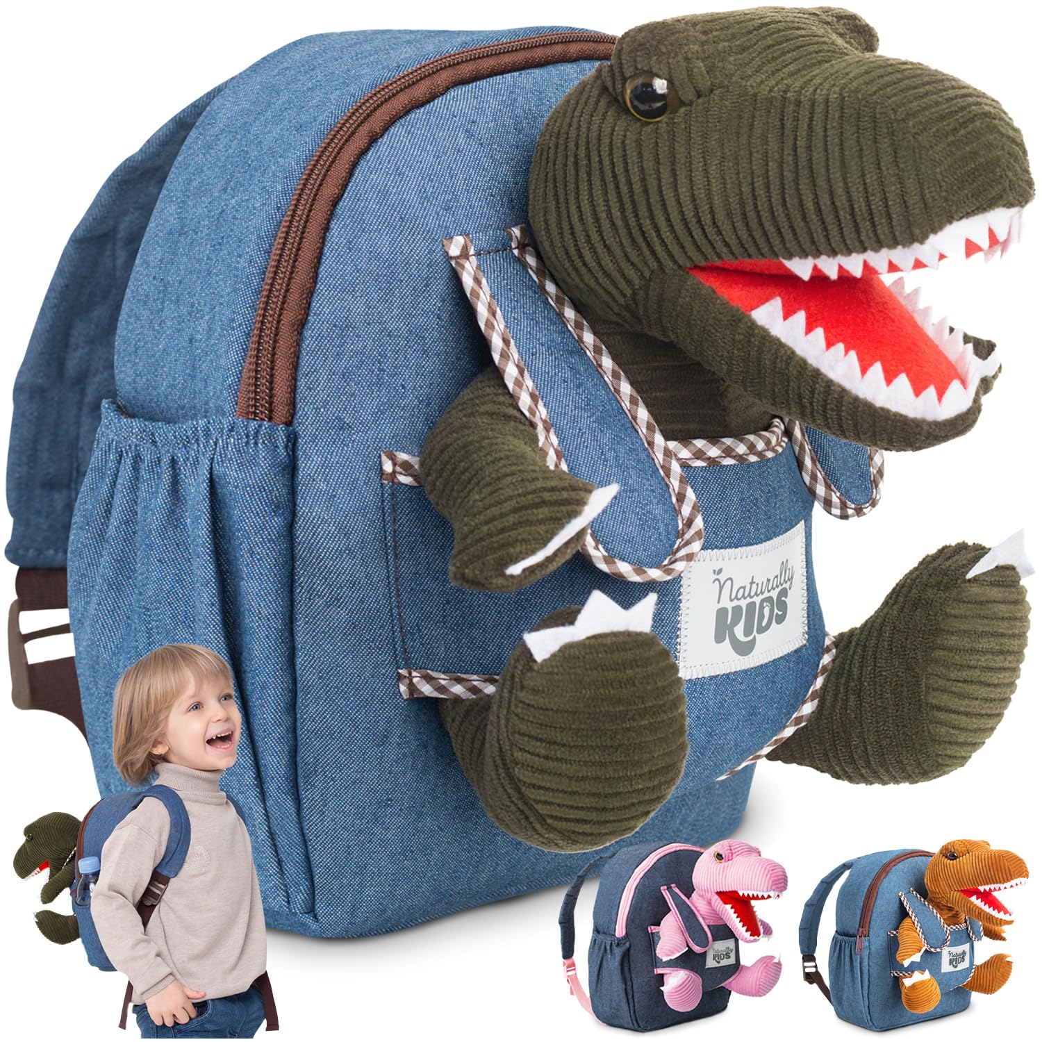 Naturally KIDS Mały plecak z dinozaurem, zabawki dla dzieci w wieku 3-5 lat, plecak dla malucha dla chłopca, dziewczynki, wypchane zwierzę - prezenty dla 3-letniego chłopca - w kieszenie i odblaskowe