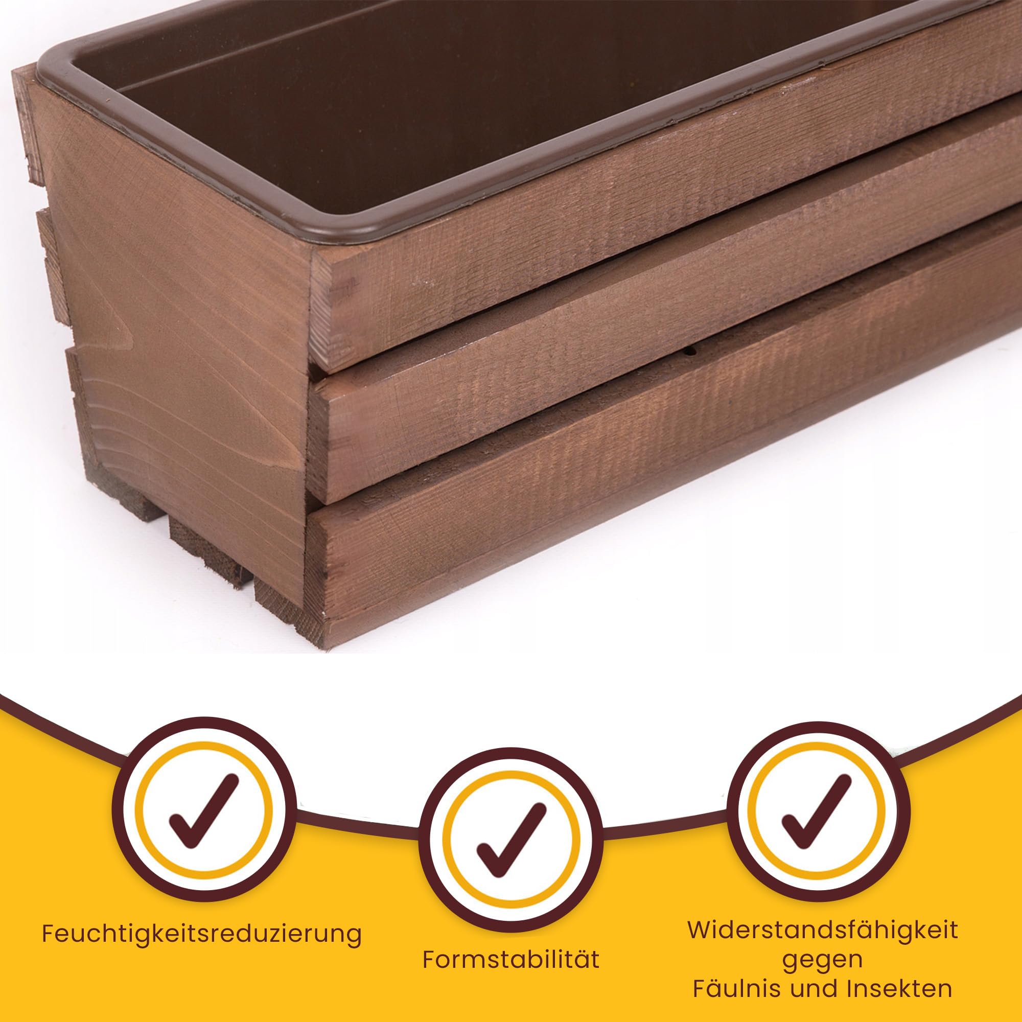 ECODECO Cassetta di Legno per Piante - Fioriera da Esterno con Inserto in Plastica - Vaso Rettangolare 18x60x15 cm per Balcone e Giardino - Contenitore Robusto Marrone